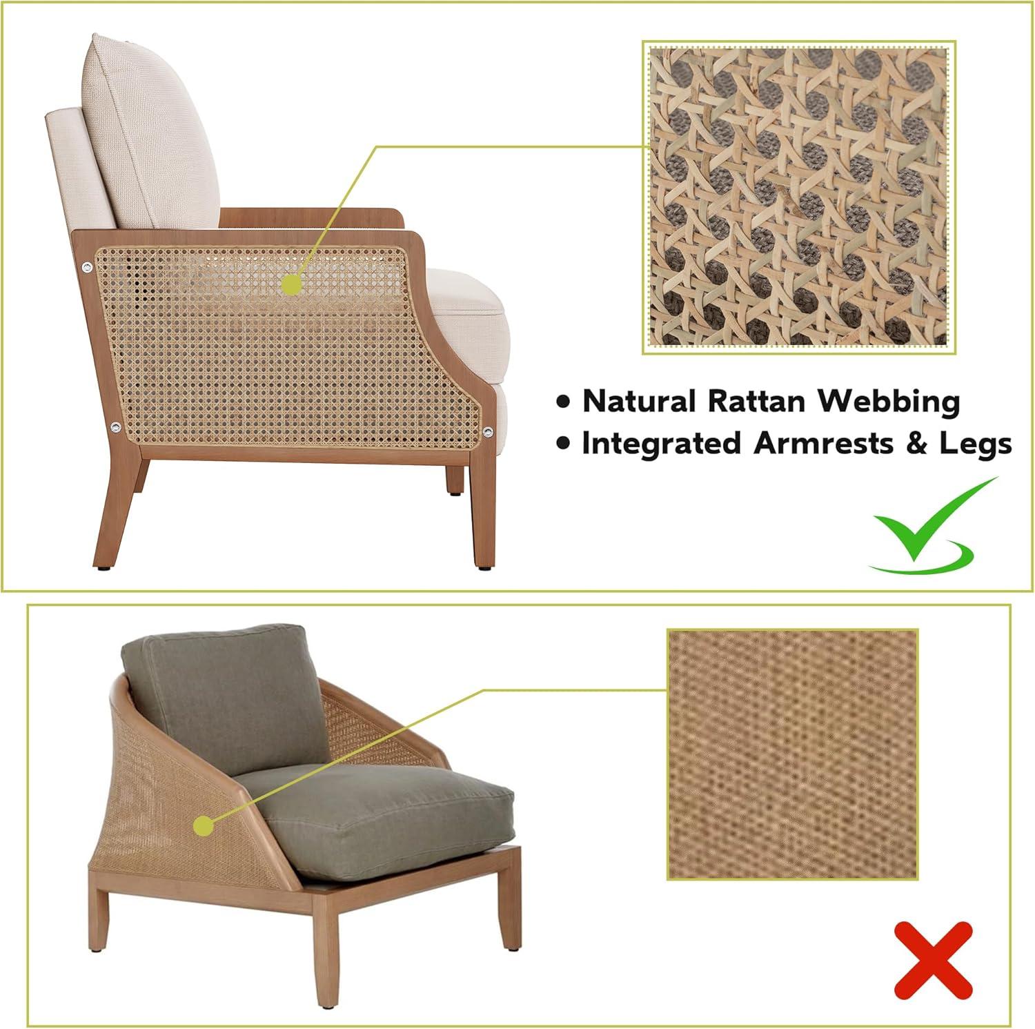 HAOBO Home Mid Century Modern Accent Chair Upholstered Living Room Chairs Armchair with Rattan Armrest Comfy Reading Chair with Wood Frame Lounge Side Chair with Waist Cushion