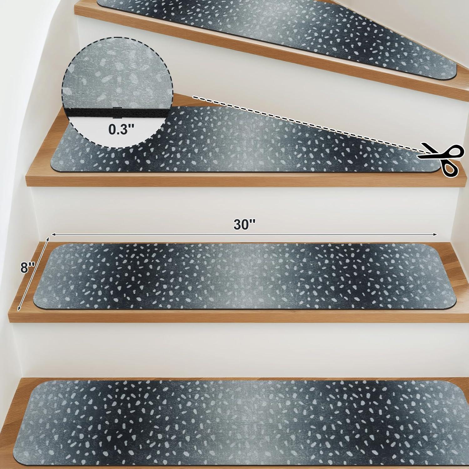 Bungalow Rose Stair Treads Non Slip For Wooden Steps, 15PCS 8"X30" Grey Rubber Backing Stair Runner Mats, Washable Reusable Carpet For Stairs Rugs Indoor Safety Staircase Step Treads For Kids Elders Dogs