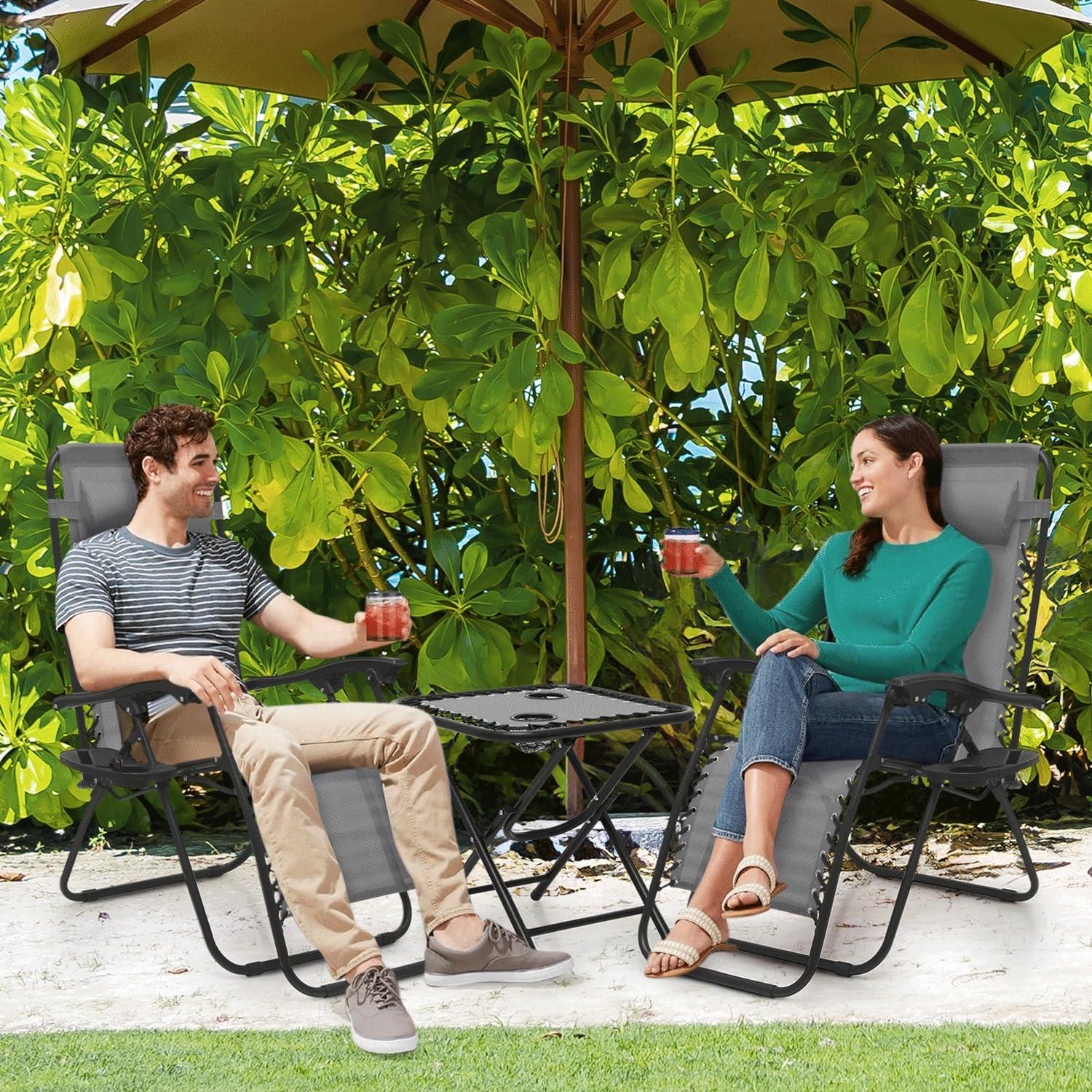 Adjustable Gray Textile Mesh Zero Gravity Recliner Set with Table