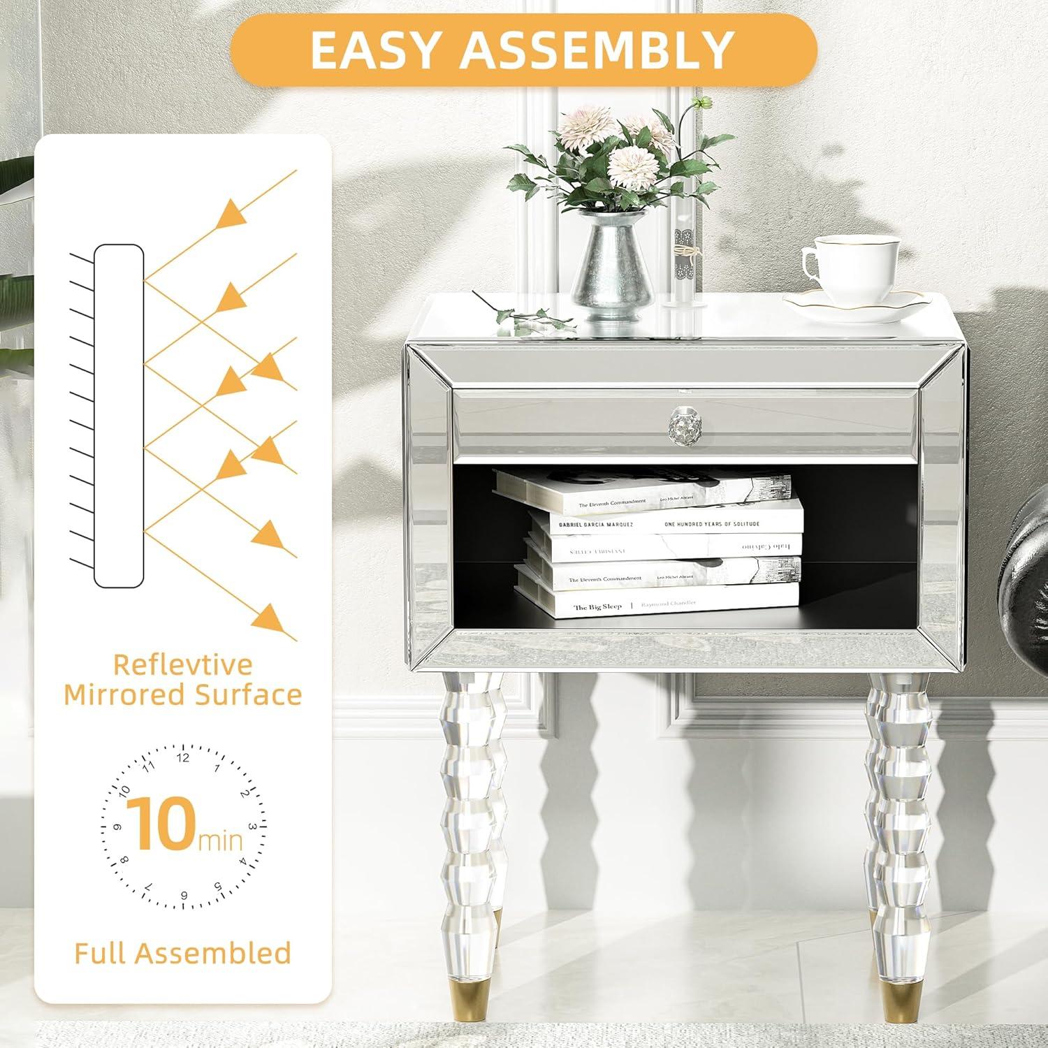 Mirrored Nightstand, Modern End Table with Drawer, Bedside Tables with Acrylic Legs for Bedroom, Living Room, Silver