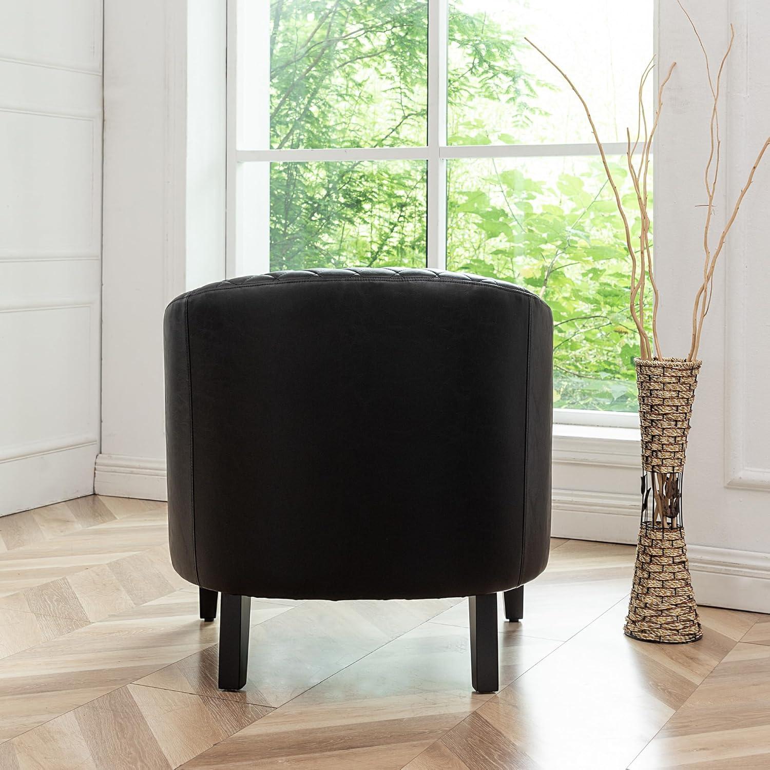 29" W Modern Faux Vegan Leather Barrel Chair, PU Upholstered Tufted Accent Club Chairs with Nailhead Trim, Small Armchair for Living Room Bedroom Apartment Lounge Nursery, Black