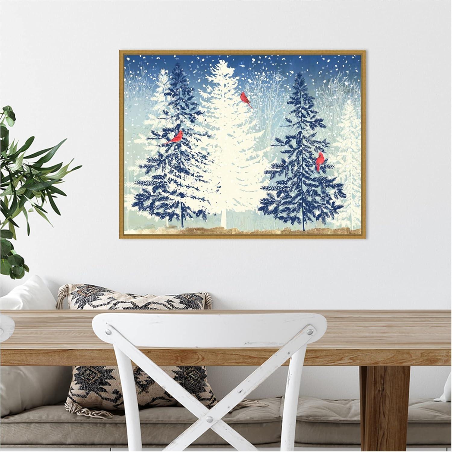 Snowy Christmas Trees Canvas Print with Gold Frame