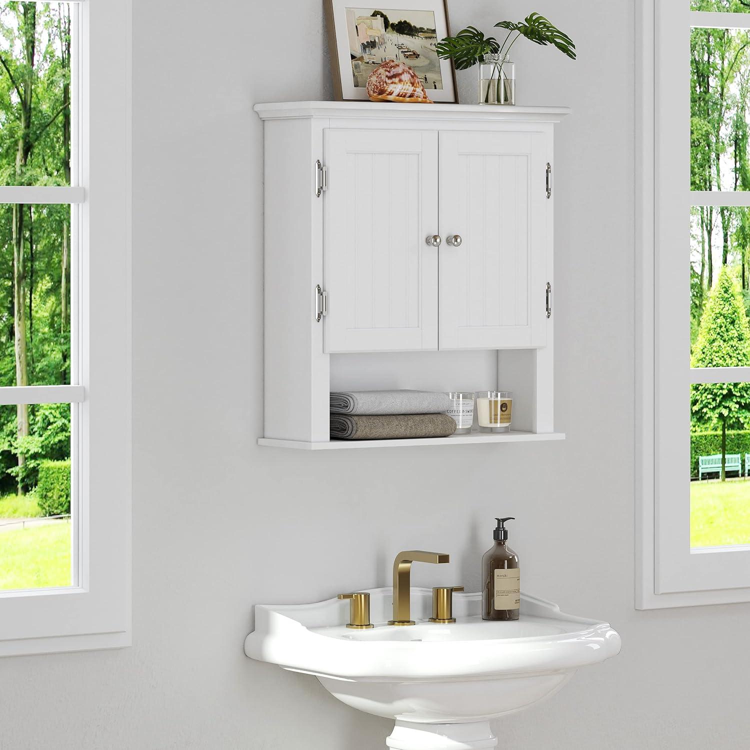 White Wood Wall Mounted Bathroom Cabinet with Adjustable Shelves