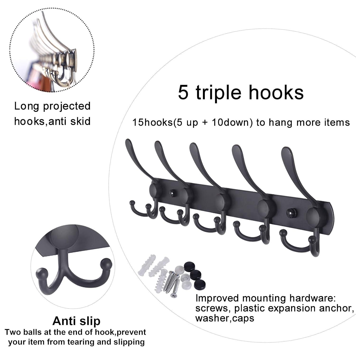 WEBI Coat Rack Wall Mount,5 Tri Hooks for Hanging,Coat Hooks Wall Mount,Hook Rack Rail,Coat Hanger Wall for Jacket,Clothes,Hats,Black,2 Packs