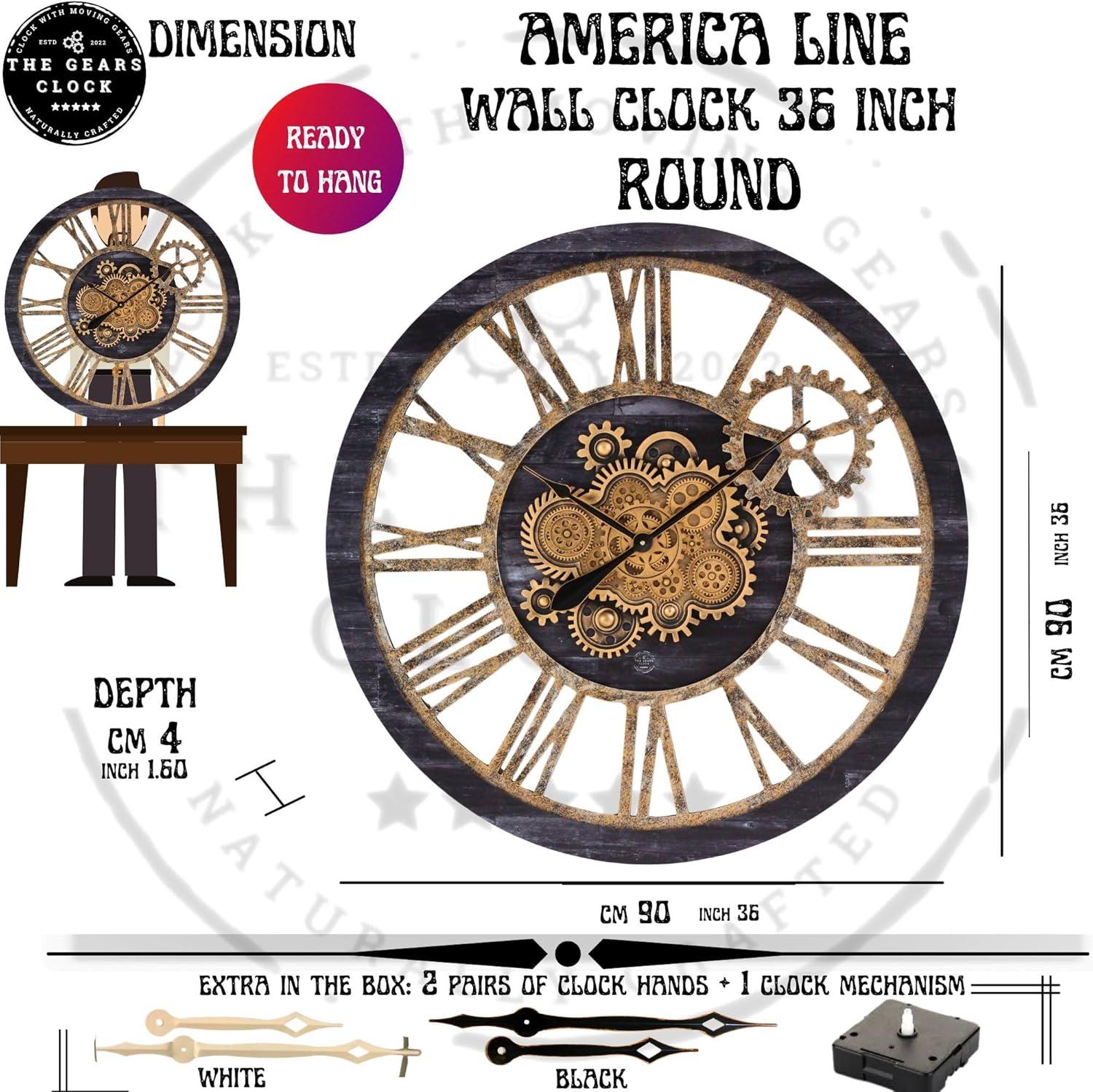 The Gears Clock Wall Clock 36" Round Oversized for Living Room decor with Real Moving Gears America Collection