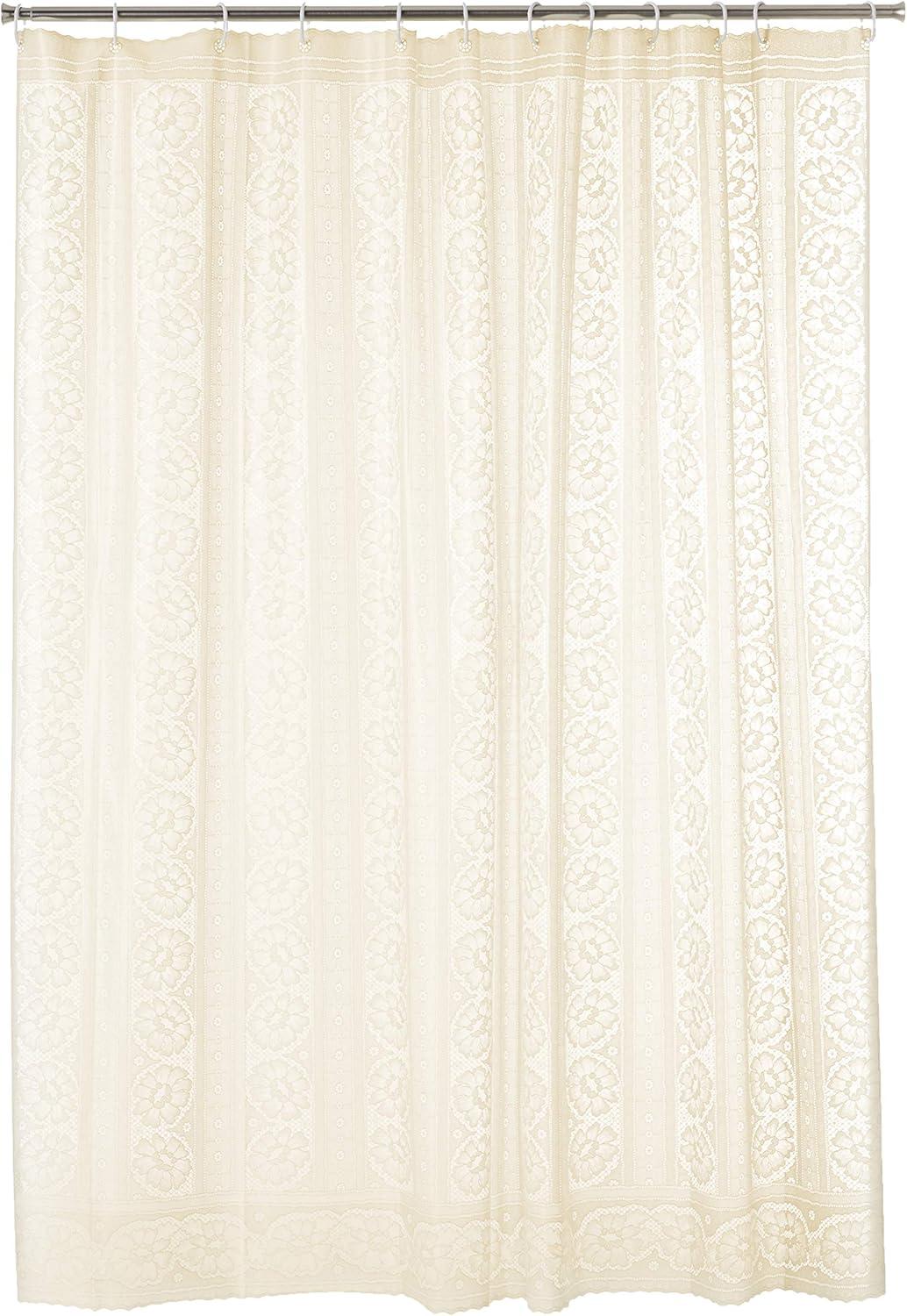 Ivory Floral Lace Heavyweight Vinyl Shower Curtain with Hooks