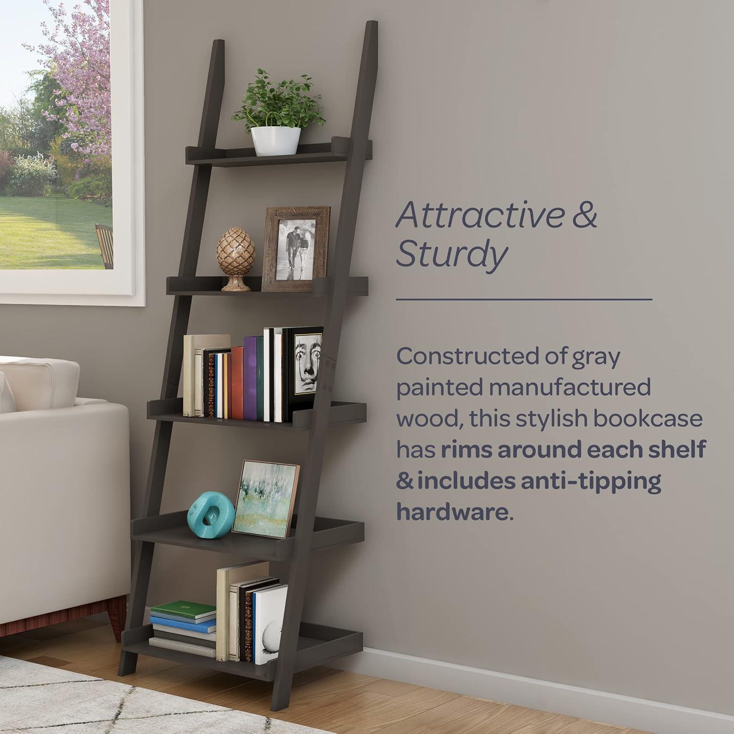 Ladder Bookshelf- 5 Tier Leaning Decorative Shelves for Display-Slate Gray Shelf Stand-Living Room Bathroom & Kitchen Shelving by Lavish Home