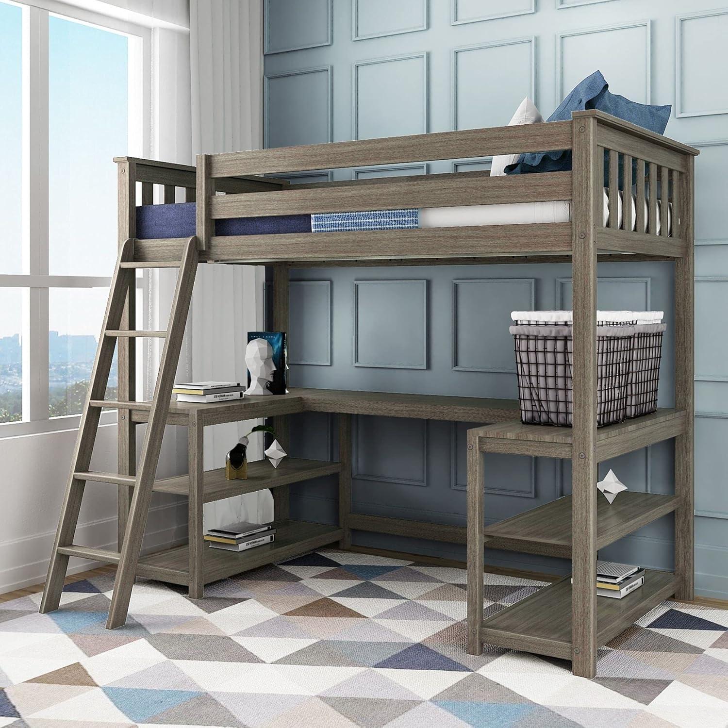 Max & Lily Loft Bed, Solid Wood Twin High Loft Bed with Bookcase and Desk for Kids, White