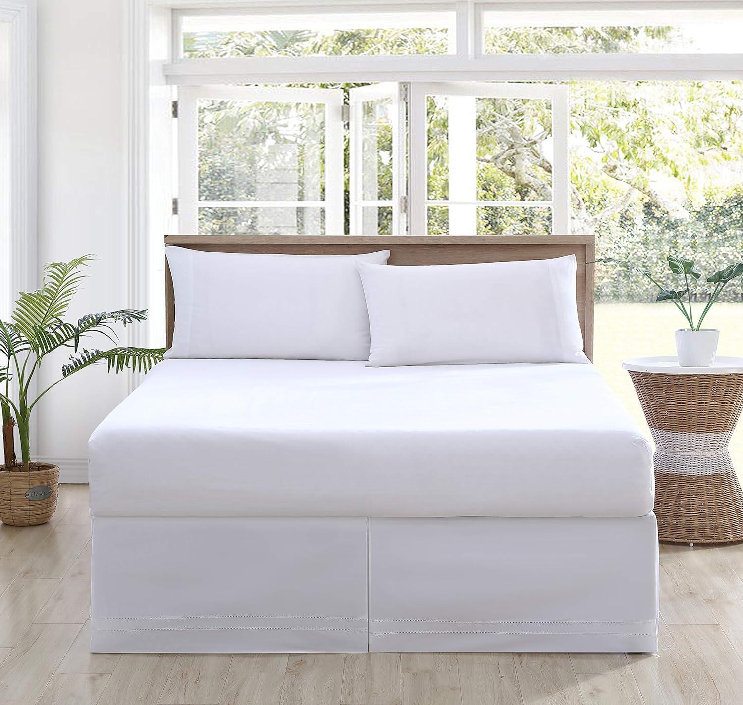 Solid White Cotton Pleated Queen Bed Skirt