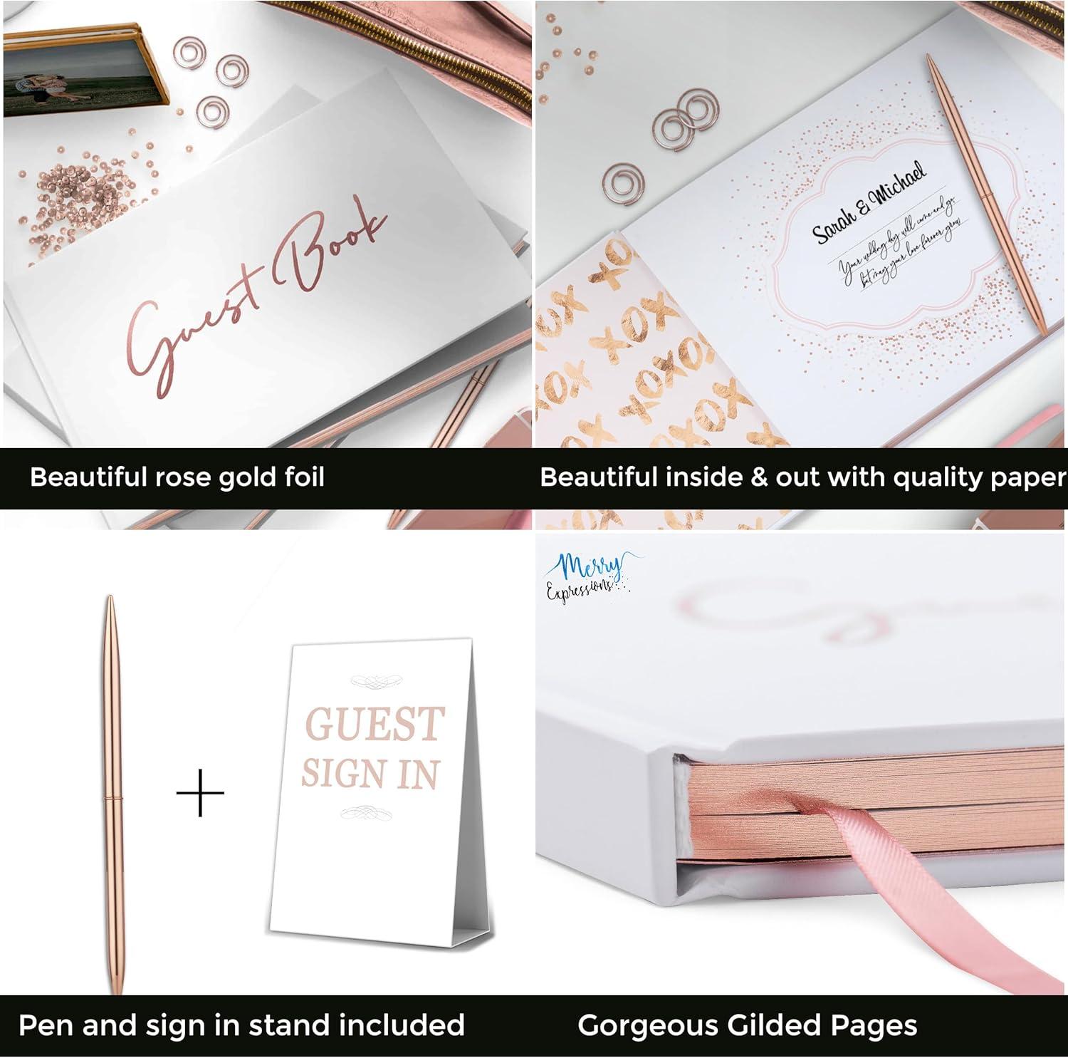 Merry Expressions Rose Gold Wedding Guest Book & Pen Set - 9" x 7" Hardcover 100 Page/50 Sheets