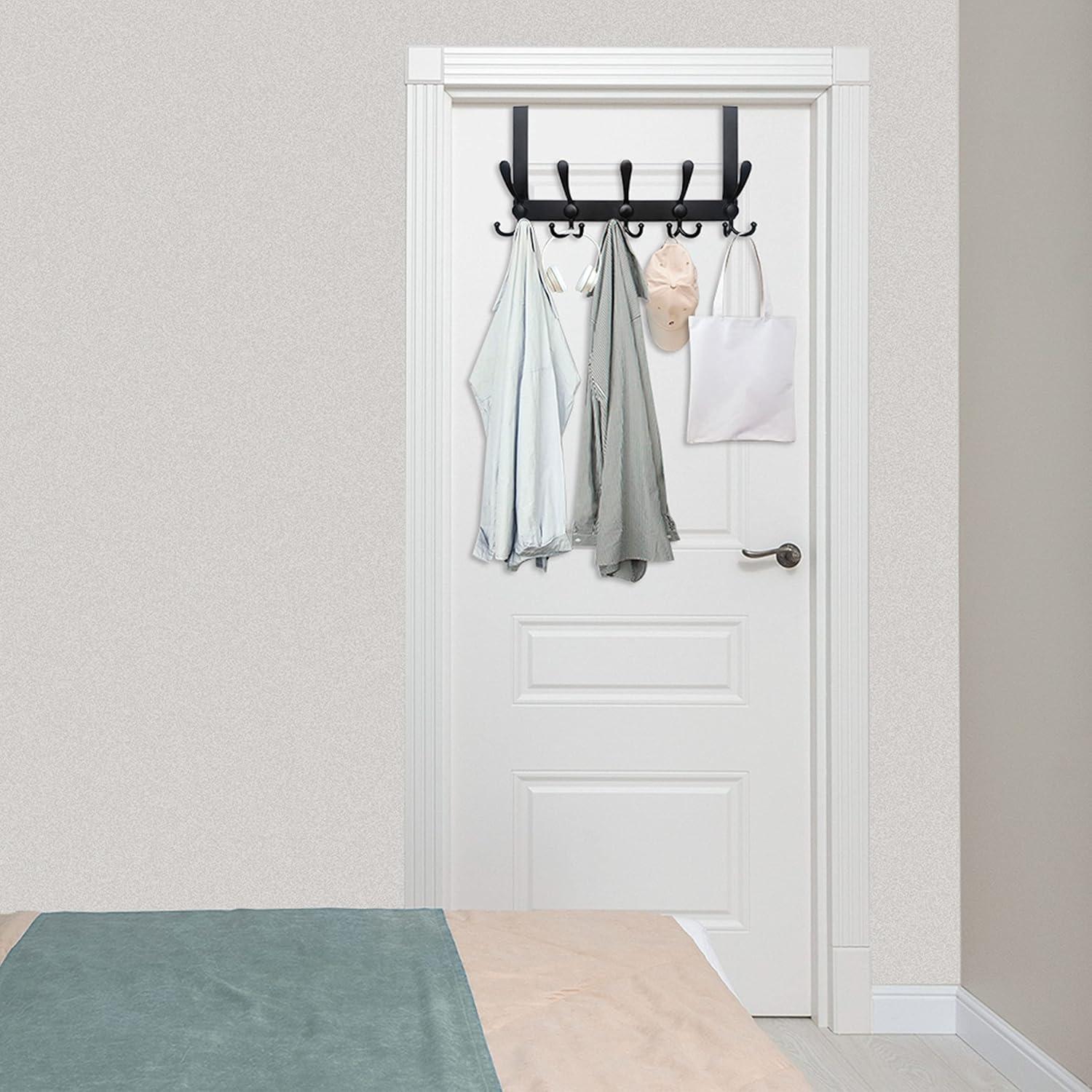 WEBI Over The Door Hook,Door Hanger Hook Rack with 5 Tri Hooks for Hanging Coats,Over Door Towel Rack Door Coat Towel Hanger Door Coat Rack for Bathroom,Behind Back of Door,Black