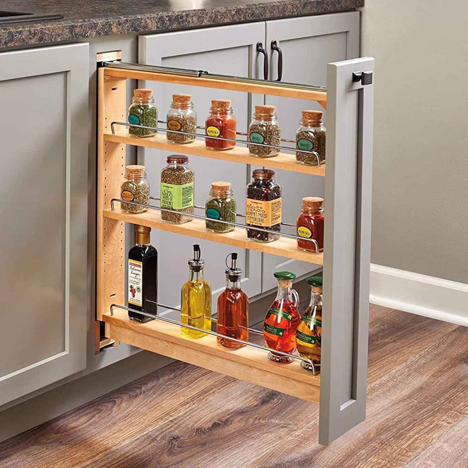 Rev-A-Shelf Pull Out Shelf Organizer for Between Base Kitchen Cabinets, Adjustable Filler Spice Rack Seasoning Storage Holder