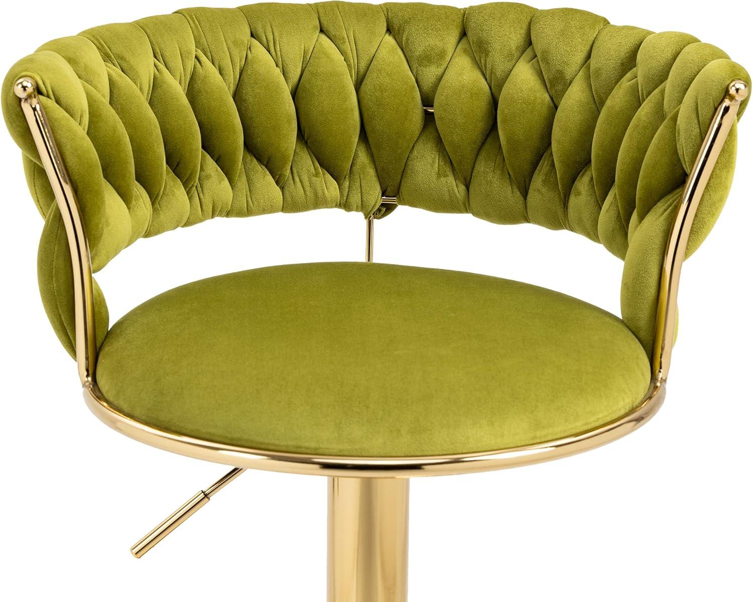 Emerald Green Velvet Adjustable Swivel Bar Stools with Gold Base, Set of 2