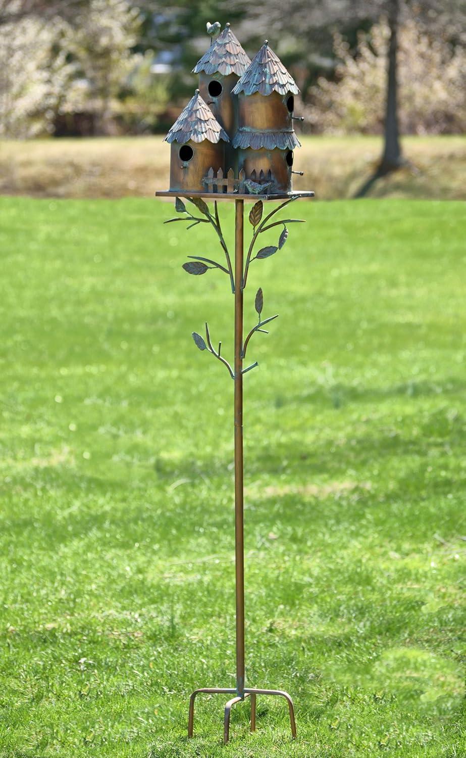 Large Copper Colored Multi-Birdhouse Stakes, Room for 4 Bird Families in Each (Castle Home)