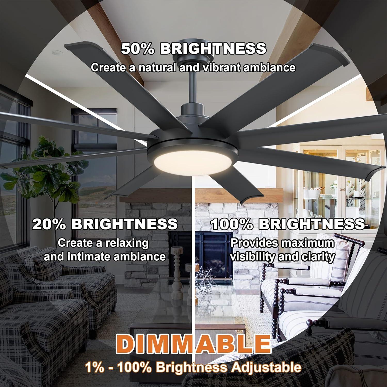 Ceiling Fans with Lights and Remote, 60 Inch Black Large Ceiling Fan for Bedroom Living Room, Modern Flush Outdoor Ceiling Fans LED Lighting, DC Motor Reversible 8 Blades, Ventilador de Techo con Luz