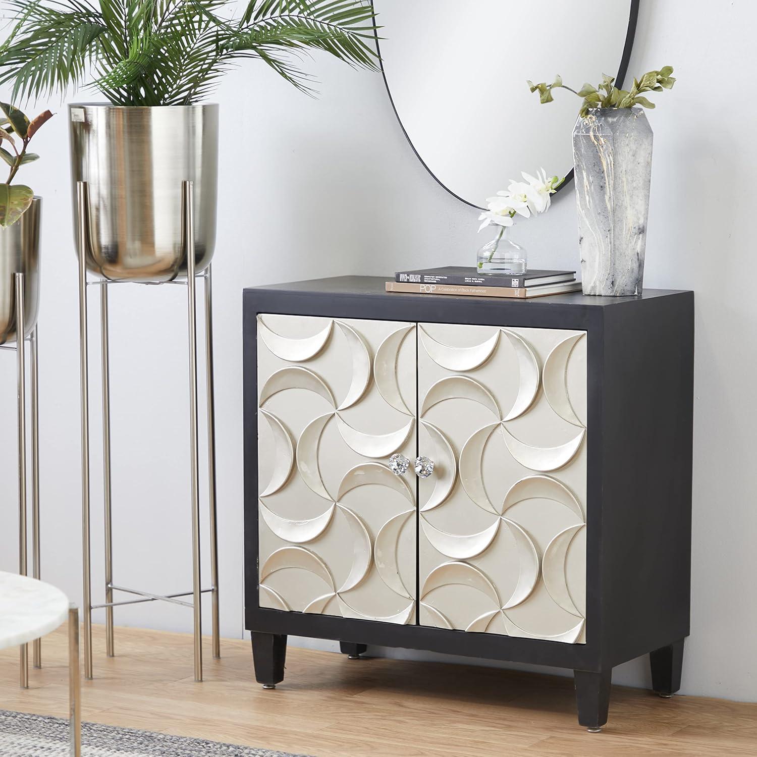 DecMode Black Modern Rectangular Wood Cabinet with Crescent Moon Pattern, 31"W x 32"H