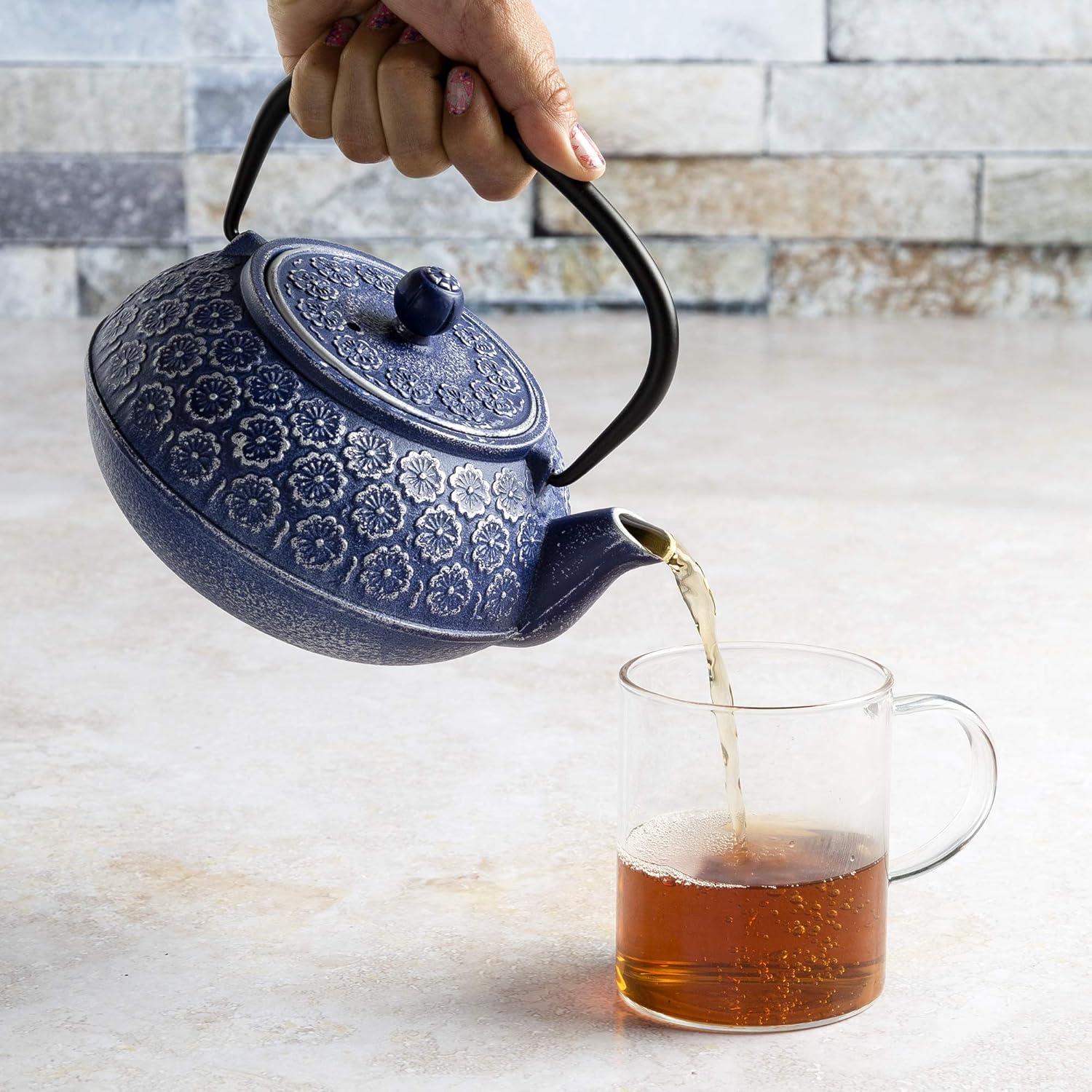 Juvale Cast Iron Tea Pot with Stainless Steel Loose Leaf Infuser, Blue, 34 oz