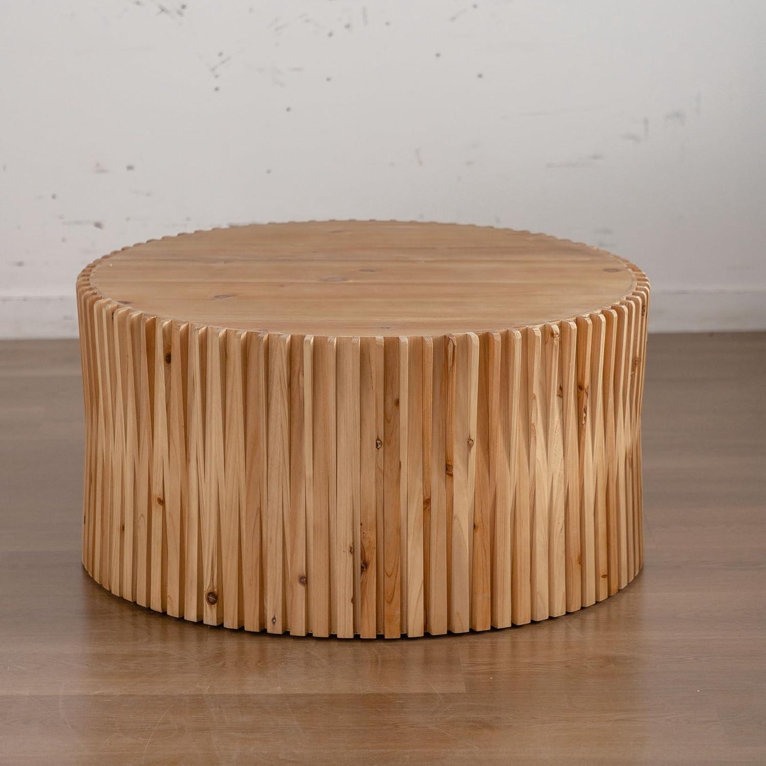 Llinc Store 31.5" Diameter Cylindrical Wood Coffee Table with Vertical Texture Natural Design, Suitable for Living Room, Office and Dining Room