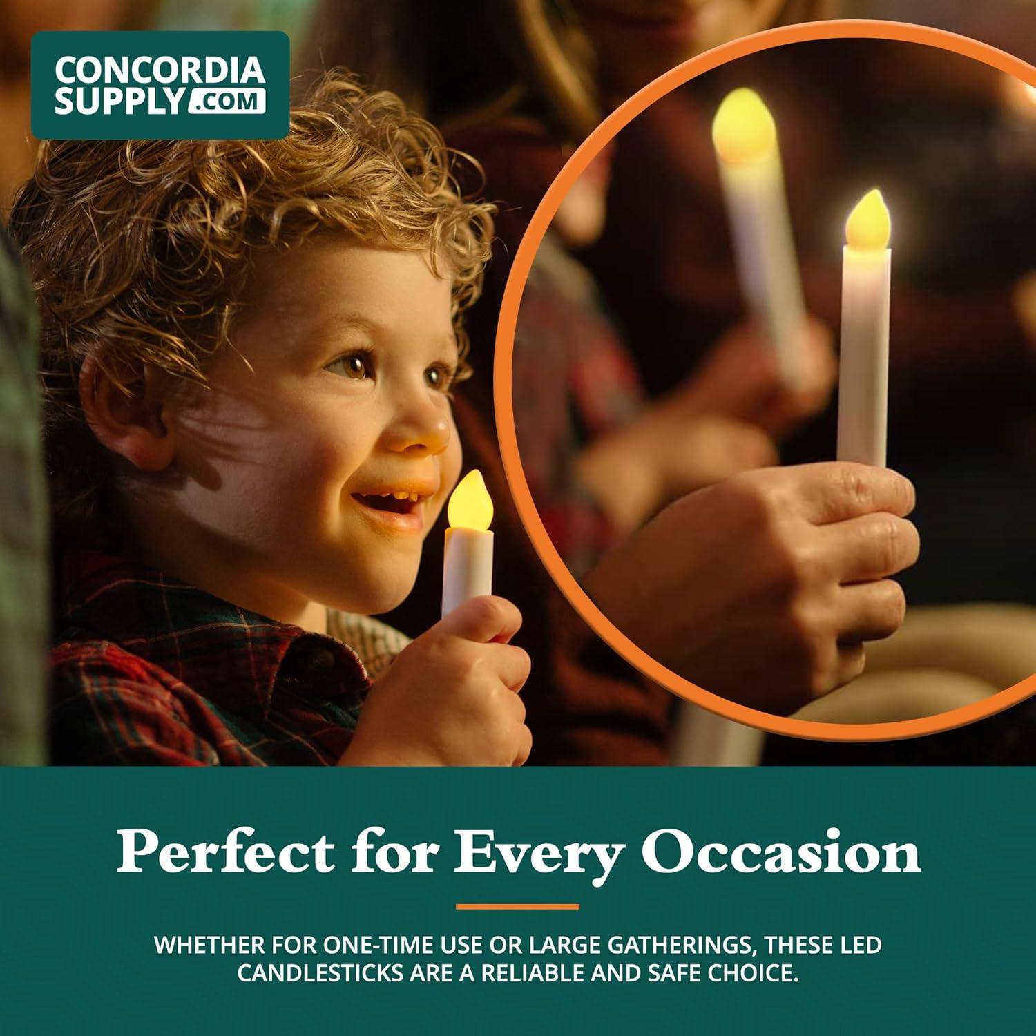 Concordia Supply SafeFlame LED Candlesticks - 6" (25-Pack) Handheld Battery Operated Candles w/Flickering Effect - Perfect for Church Services, Candlelight Vigils, and Special Events - (Amber)