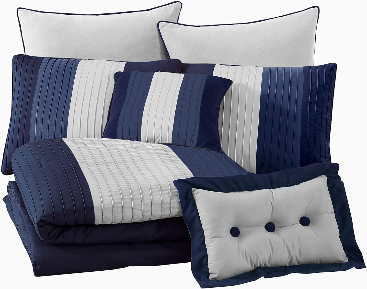 Navy and Gray Queen 8-Piece Striped Comforter Set