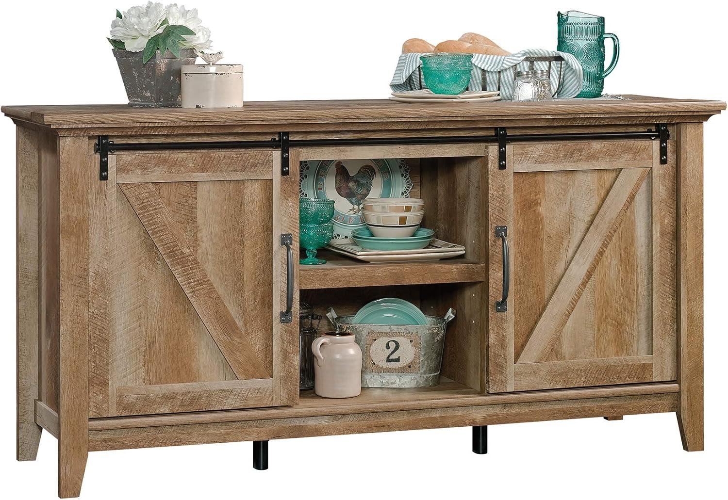 Dakota Pass TV Stand for TVs up to 70" Dark Brown - Sauder: Craftsman Oak Finish, Sliding Doors, Adjustable Storage