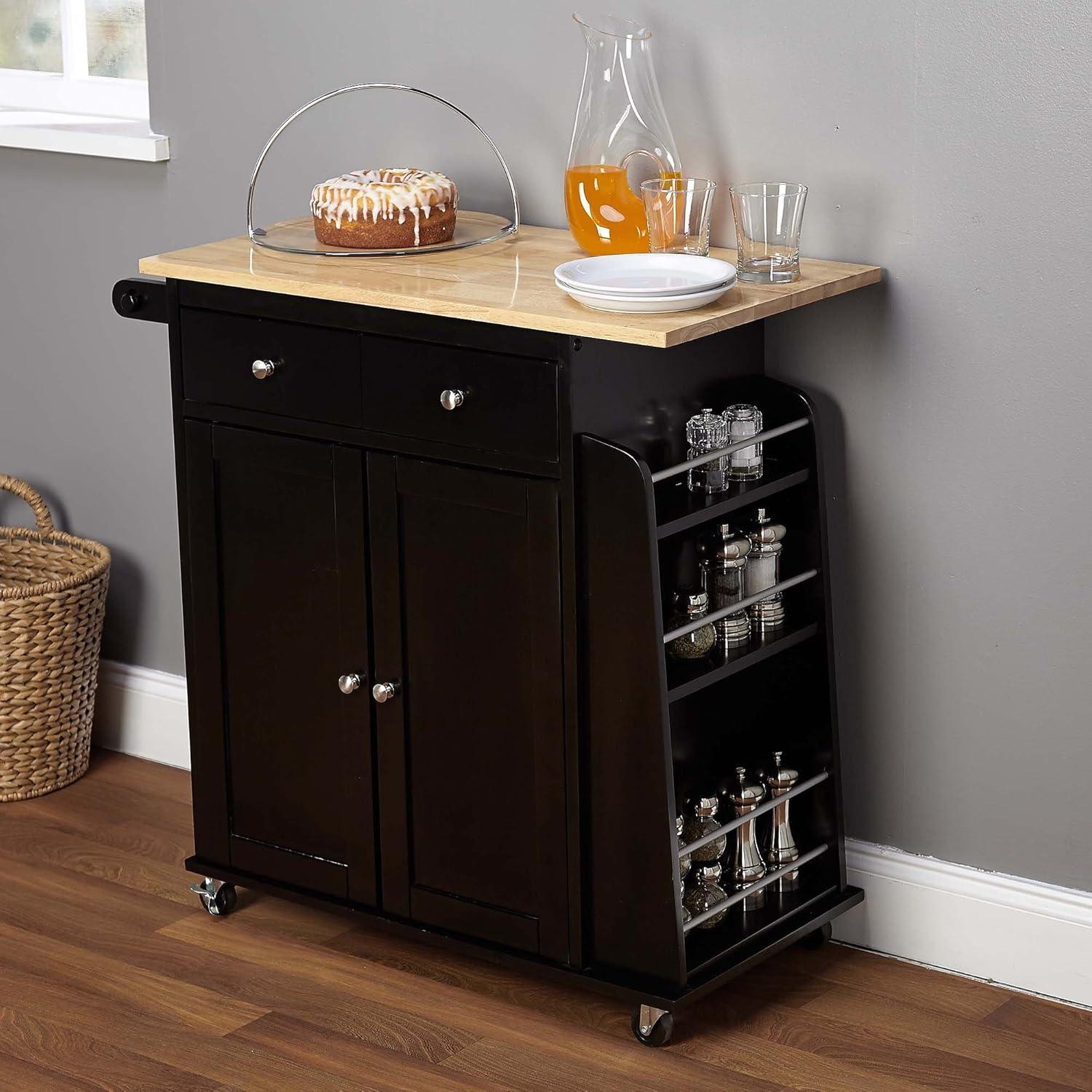 Black and Natural Wood Kitchen Cart with Storage and Wheels