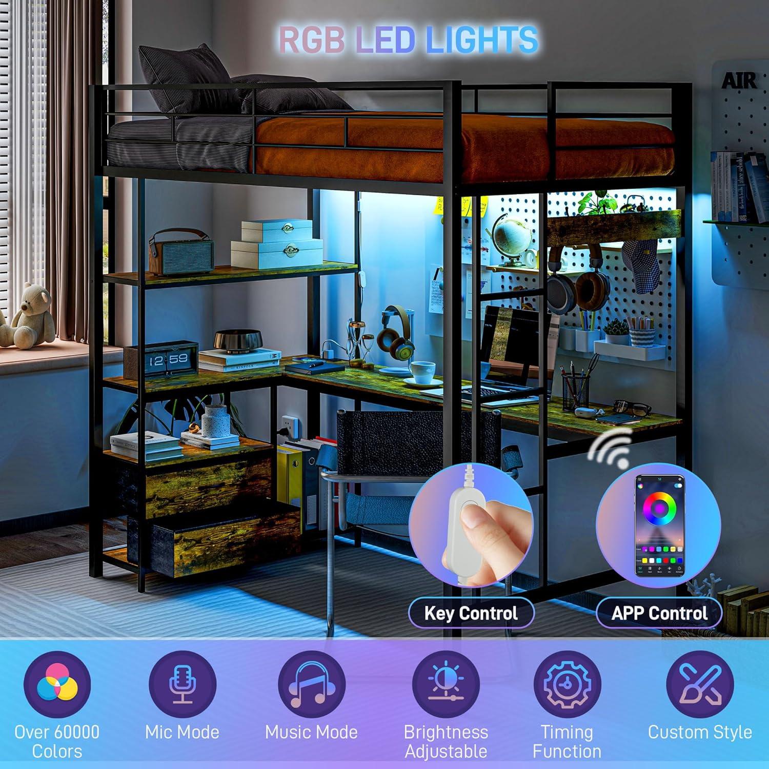 HOMCOM Twin Loft Bed with Desk, LED Lights, Charging Station, Twin Size Metal Loft Bed Frame with Safety Guardrail, Ladder, Noise Free, Black