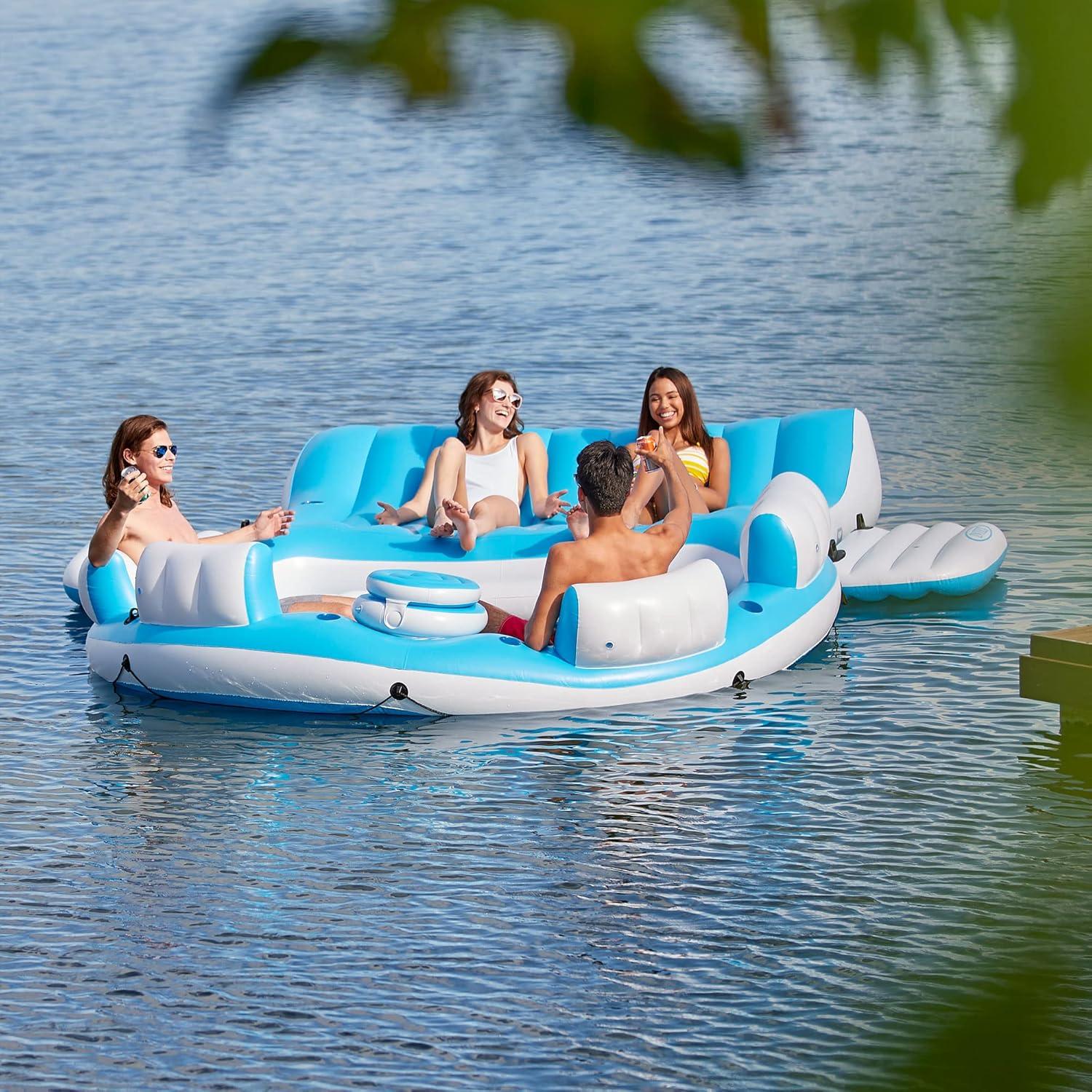 Blue and White 7-Person Inflatable Floating Island with Backrest