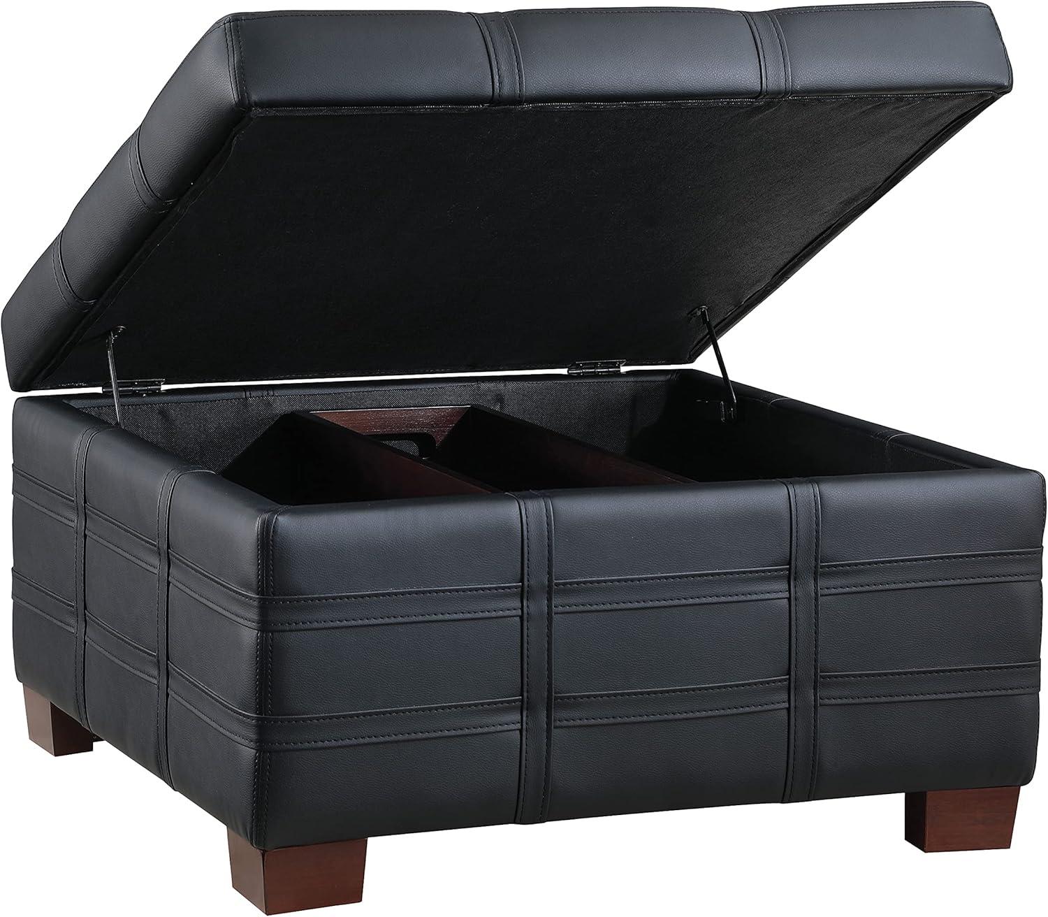 Detour Strap Square Storage Ottoman in Black Faux Leather