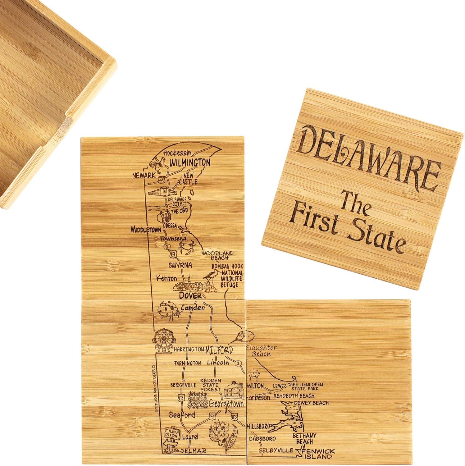 Delaware State Puzzle Bamboo Coaster Set with Case