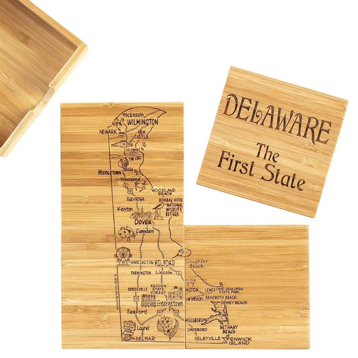 Delaware State Puzzle Bamboo Coaster Set with Case