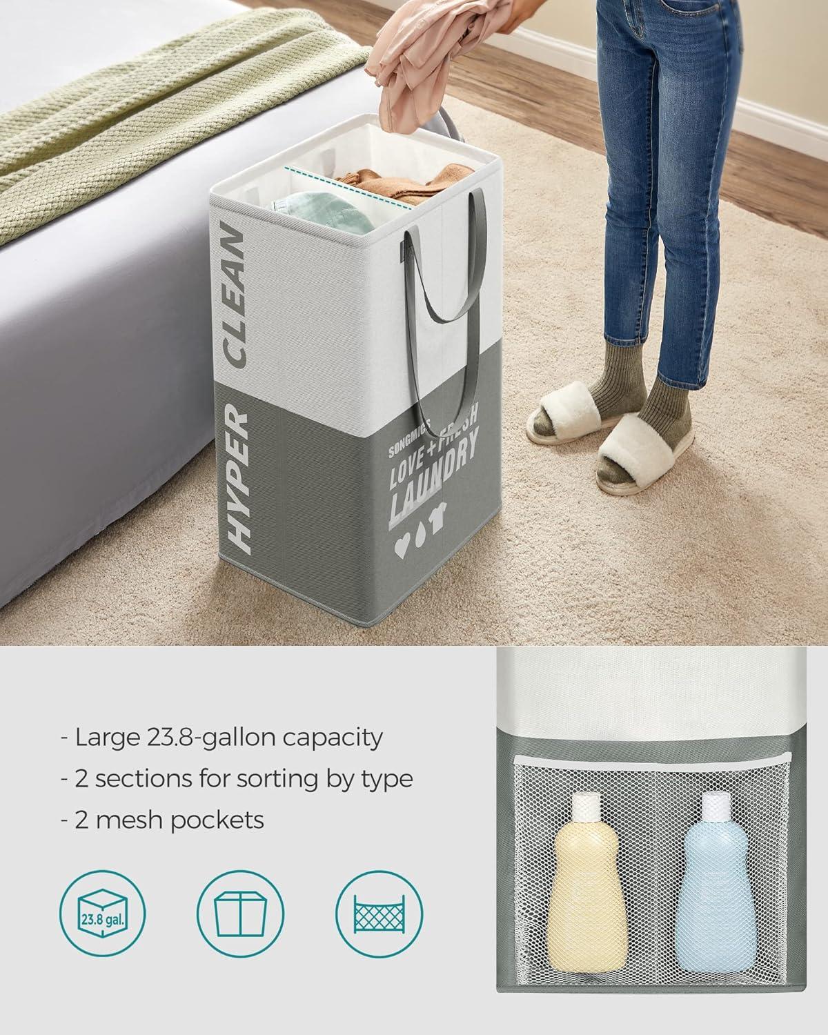 SONGMICS Laundry Baskets, Laundry Hamper with 2 Compartments, 23.8 Gallon (90L) Set of 2 Collapsible Water-Repellent Clothes Hampers, Tall Laundry Bag for Bedroom Bathroom, Light Gray ULCB209G12