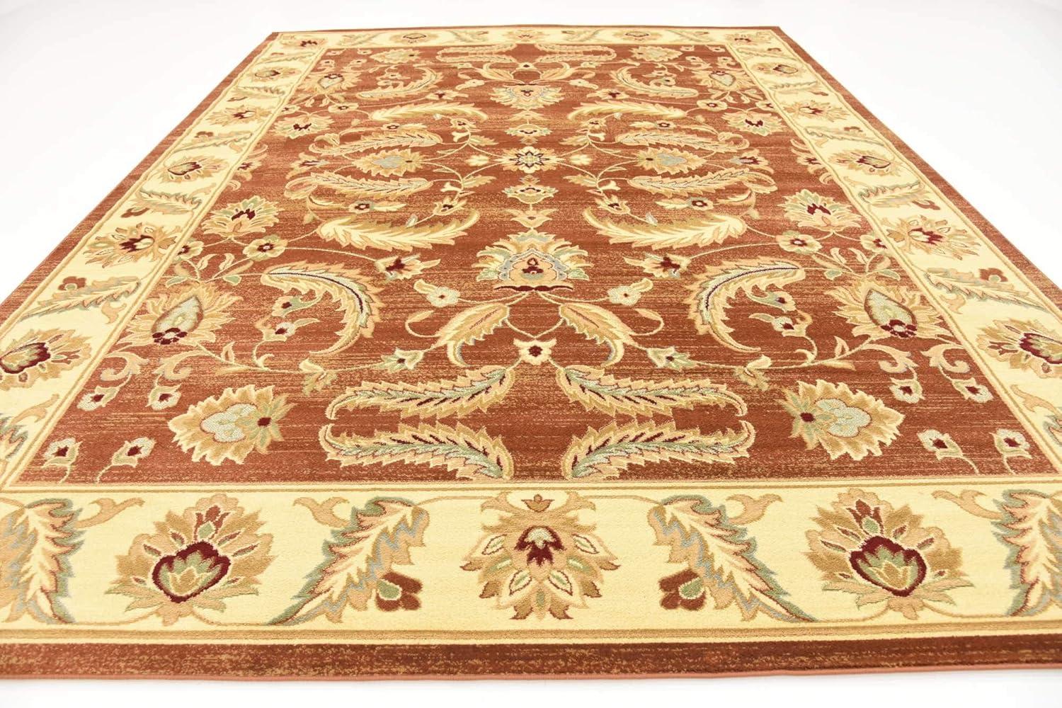 Brick Red Floral Synthetic Rectangular Area Rug, 10 ft x 13 ft