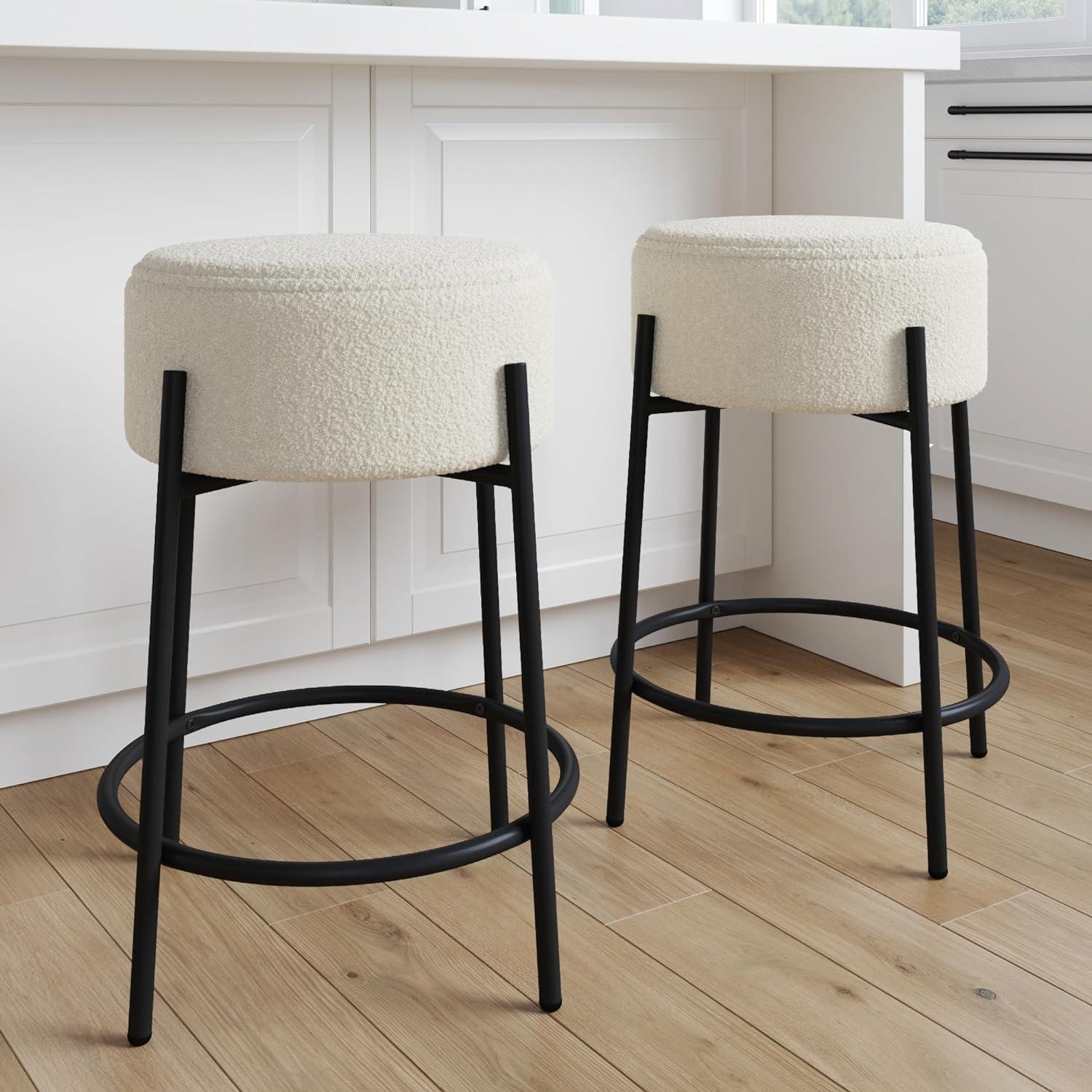 Nathan James Set of 2 Isaac Backless Counter Height Barstools White Boucle