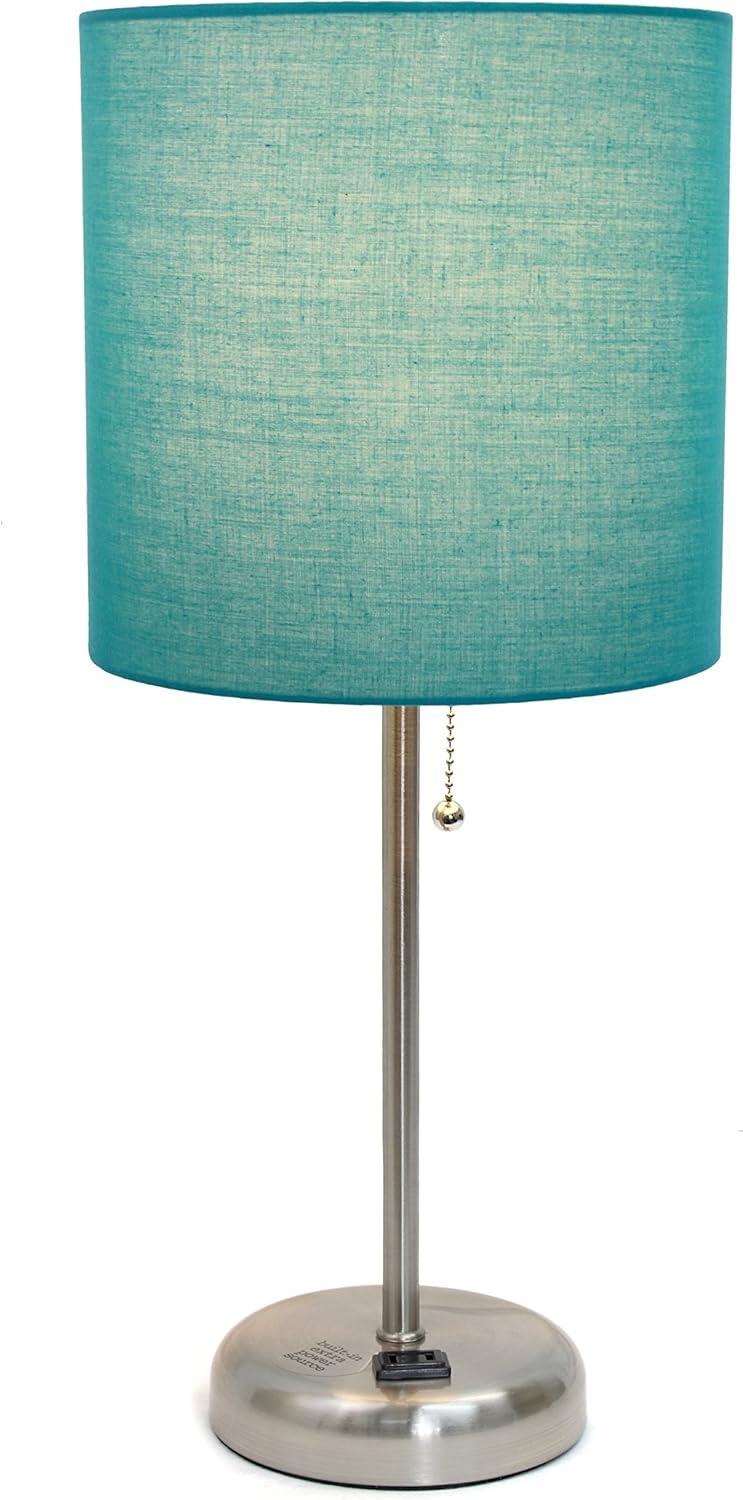 Teal Fabric Shade Brushed Steel Stick Table Lamp Set with Charging Outlet