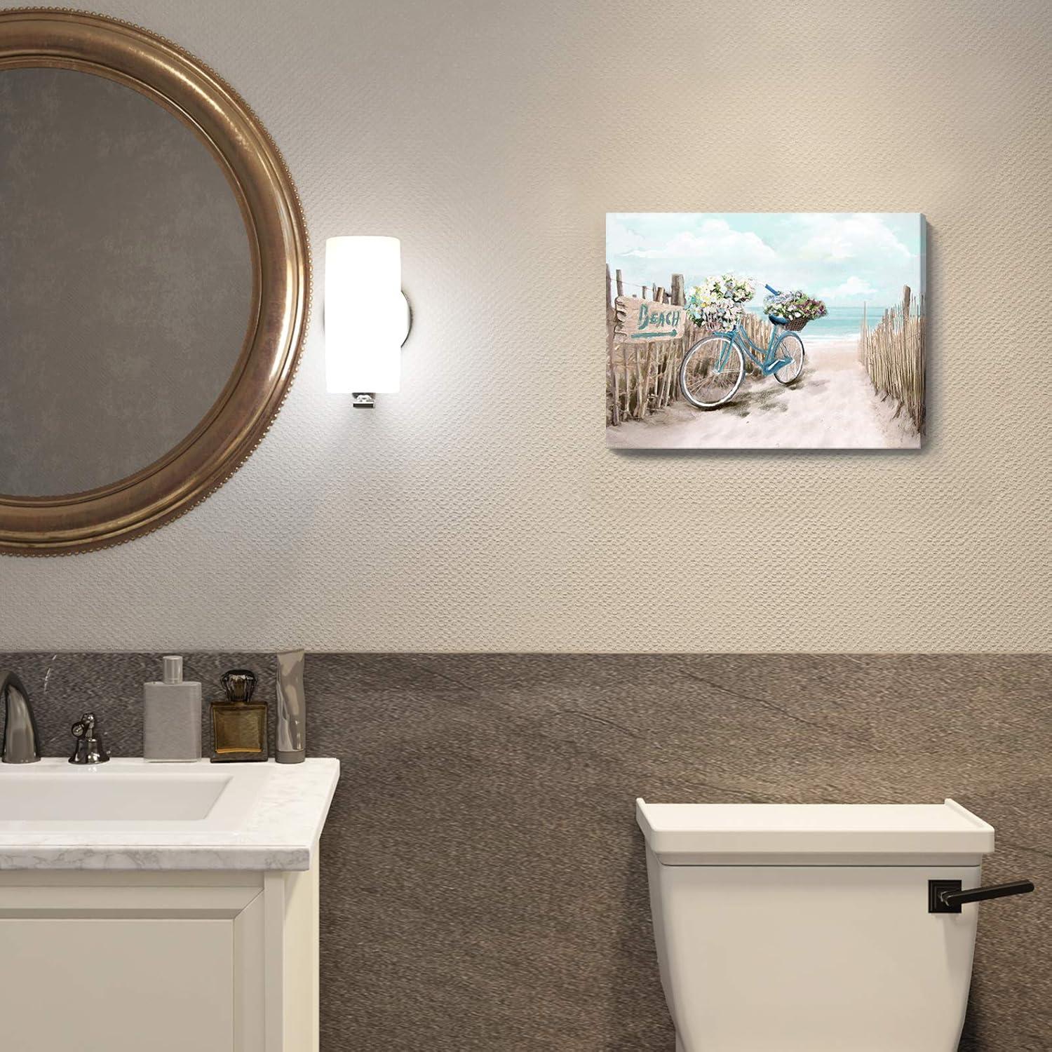 Beach Canvas Wall Art for Bathroom Ocean Pictures Seaside Bicycle Canvas Print Seascape Painting Framed Teal Aqua Blue Calming Shoreside Artwork for Modern Coastal Themed Lake Home Bedroom Décor Ready