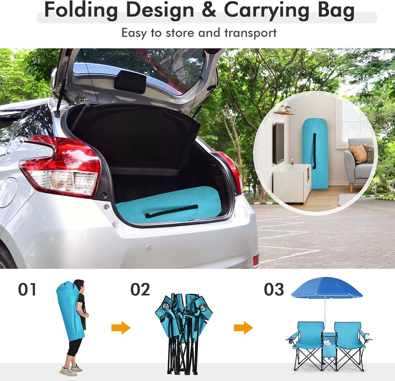 Portable Folding Picnic Double Chair W/Umbrella Table Cooler Beach Camping Turquoise