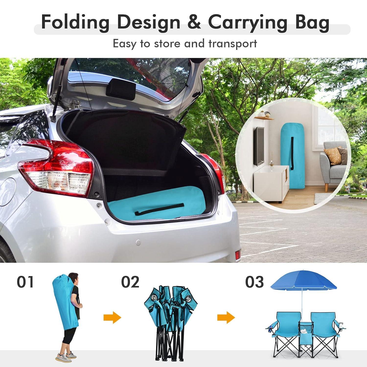 Portable Folding Picnic Double Chair W/Umbrella Table Cooler Beach Camping Turquoise