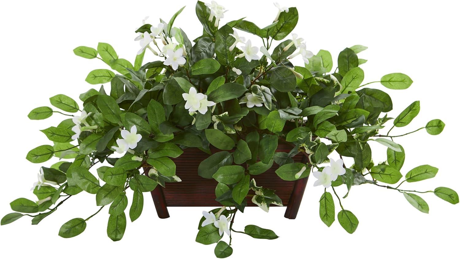 White and Green Faux Stephanotis Plant in Decorative Planter