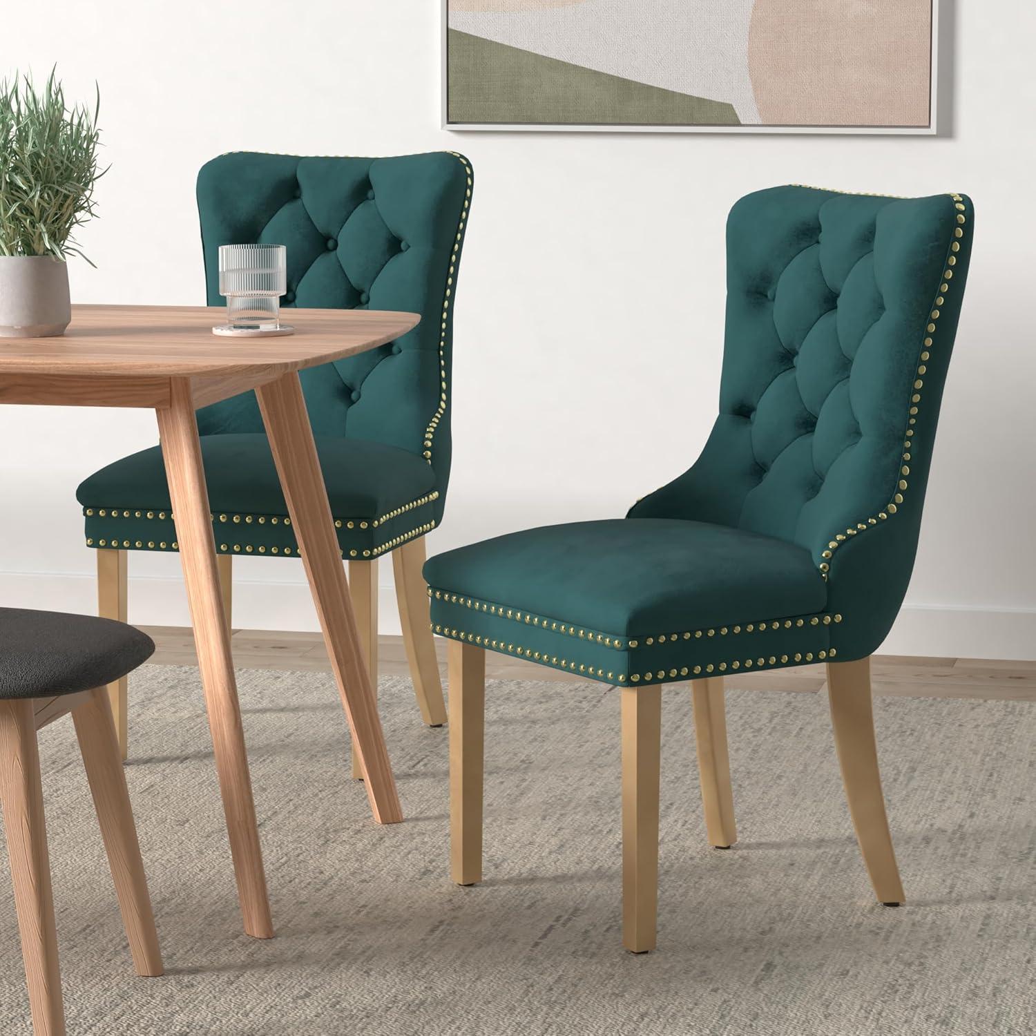 ODUSE-DAILY Green Velvet Dining Chairs Set of 4, Kitchen & Dining Room Chairs, Nailheads Tufted, Sillas De Comedor, Fabric Upholstered, Golden Metal Legs (Green, 4 Pcs)