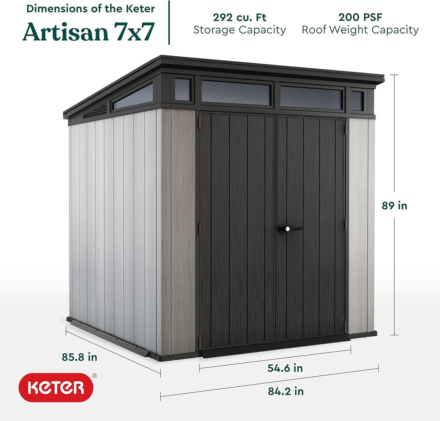 Keter Artisan 7 x 7’ Outdoor Shed for Garden Accessories and Tools, Gray