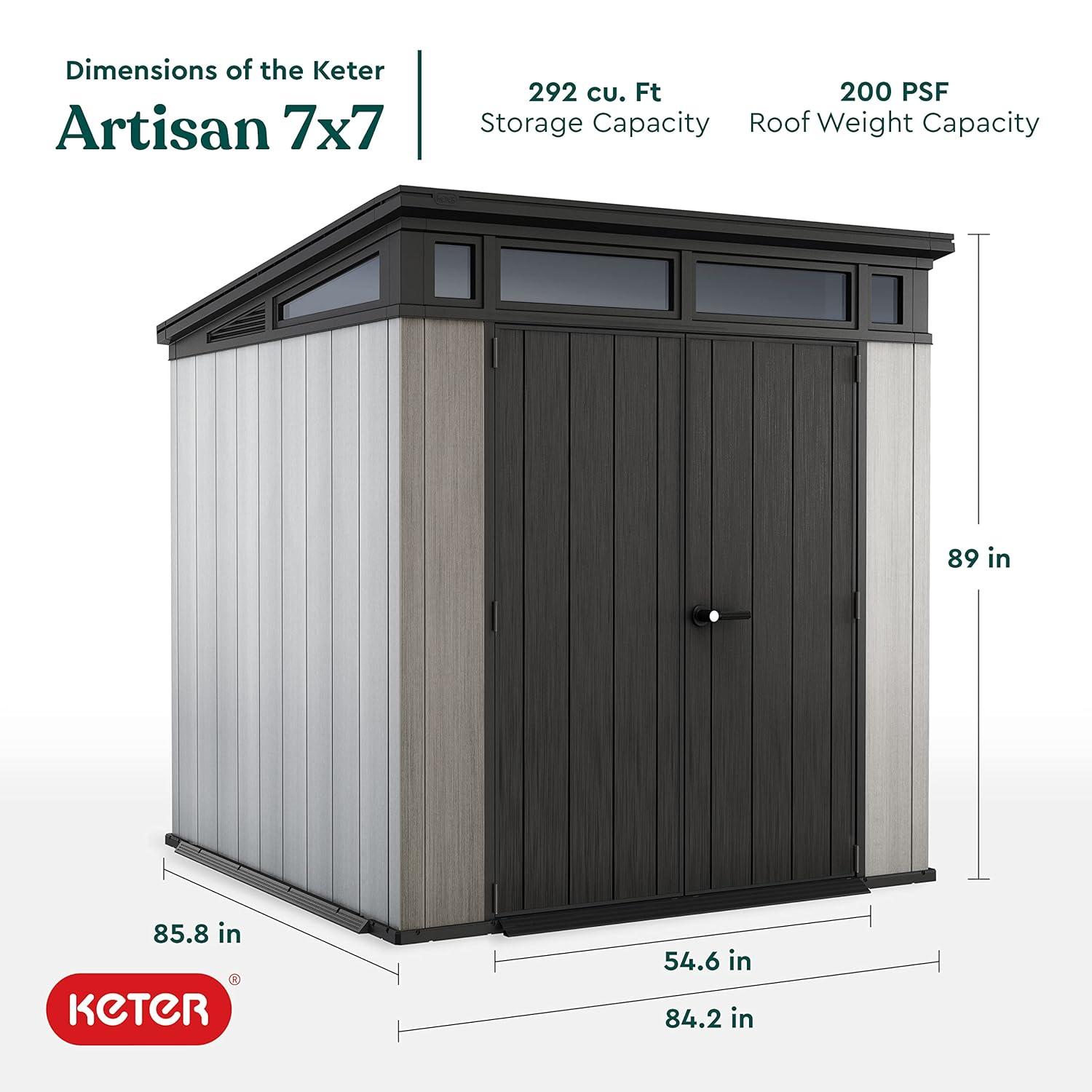 Keter Keter Artisan 7x7 ft. Modern Durable Resin Outdoor Storage Shed With Floor and Double Doors for Garden Patio Furniture and Tools, Grey