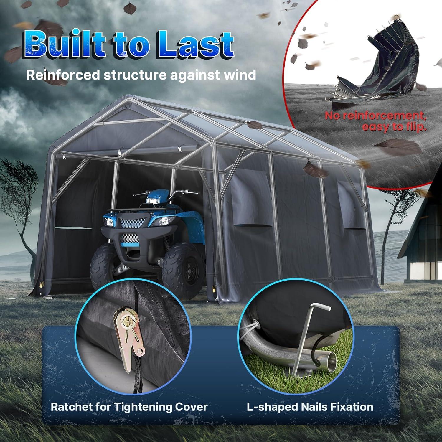 ADVANCE OUTDOOR 10x15 ft Outdoor Storage Shelter Shed with 2 Roll up Zipper Doors & Vents Peak Roof Carport for Motorcycle Waterproof and UV Resistant Anti-Snow, Gray