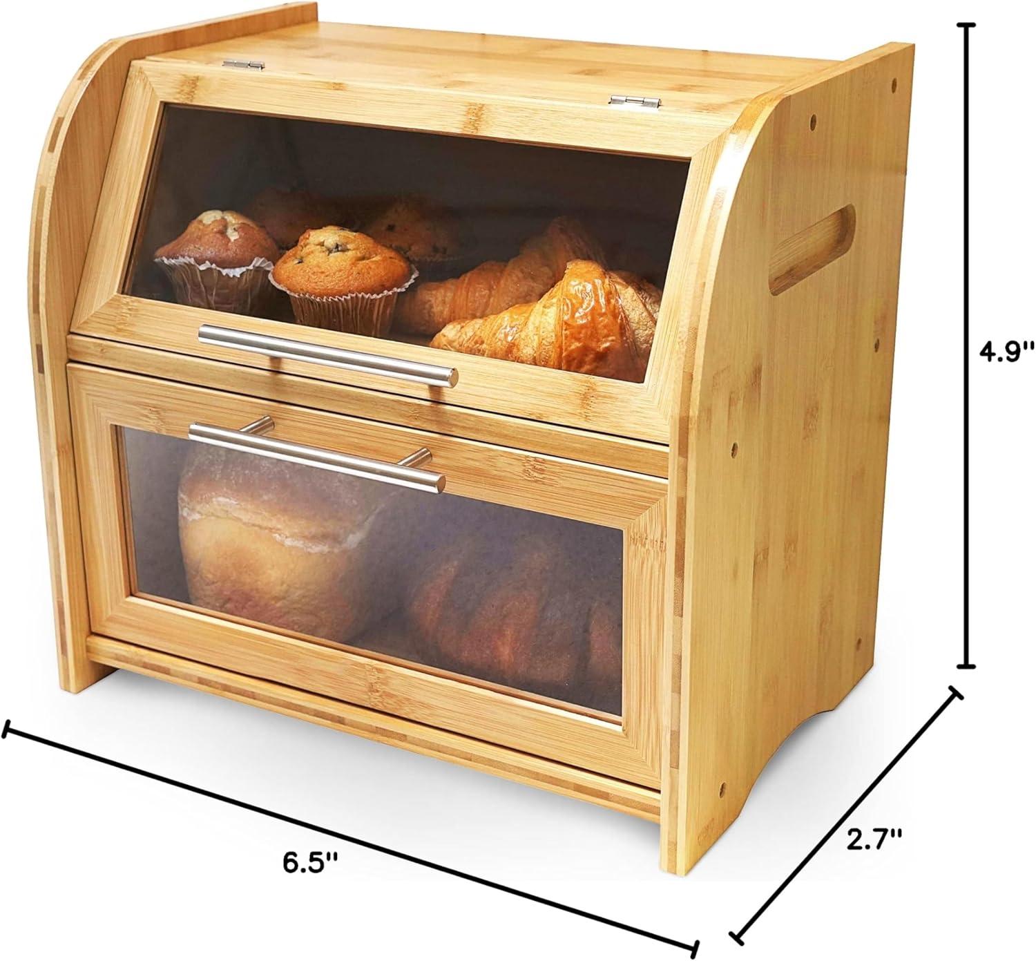 Arise Stylish Bamboo Bread Box for Kitchen Countertop, Extra Large 2-Shelf Wooden Bread Storage Container with Clear Windows and Air Vents Keep Bread, Bagels and Rolls Fresh, Self Assembly