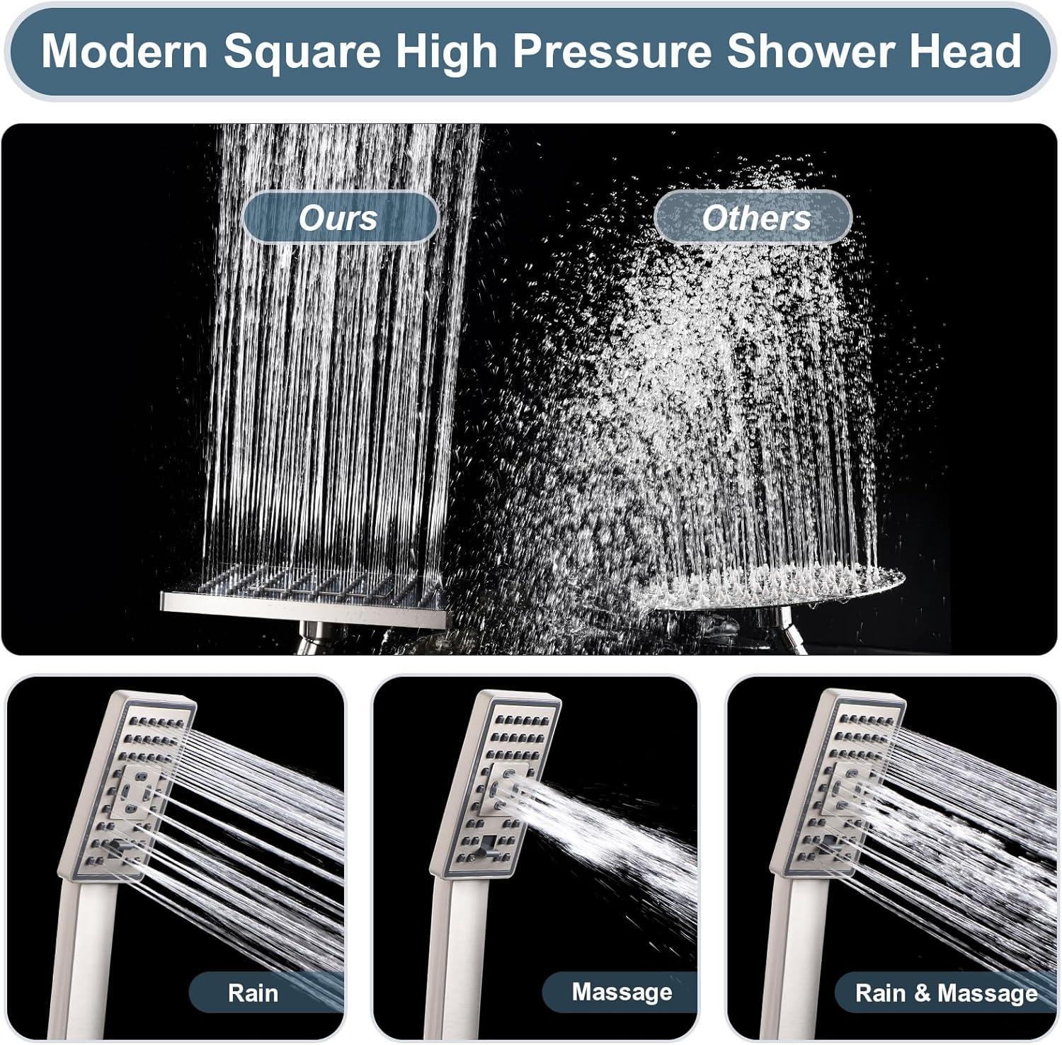 BRIGHT SHOWERS Rain Shower head with Handheld Spray 5 ft. Shower Hose Combo Includes Wall Mount Suction Bracket, 3-Way Water Diverter Mount (8 Inch Square, Brushed Nickel)