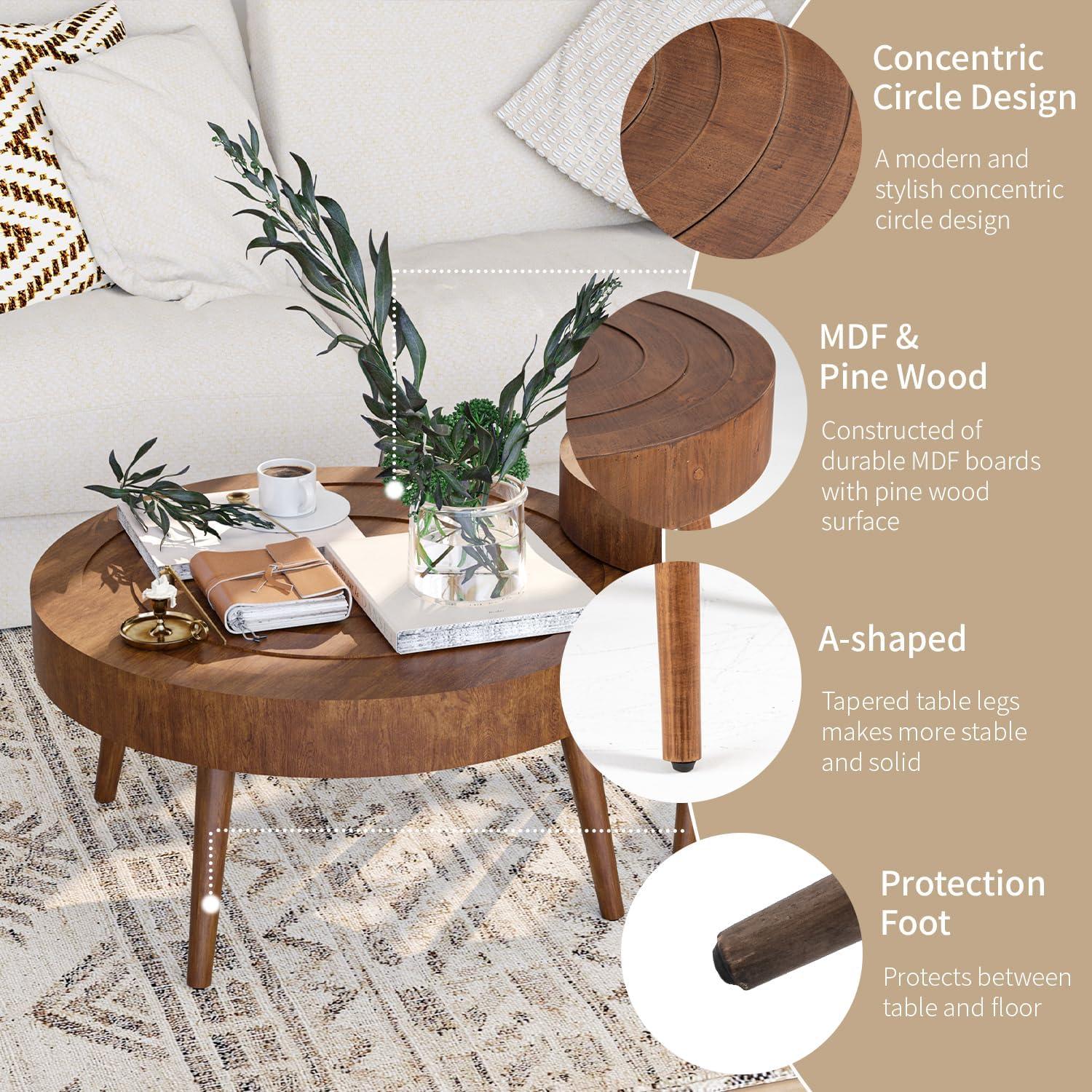 Round Walnut Wood Nesting Coffee Table Set