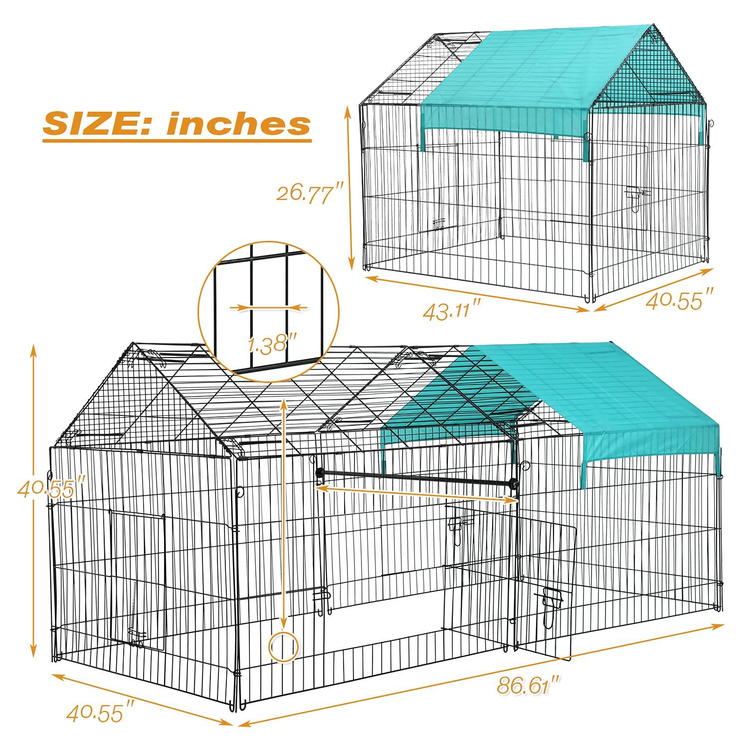 Metal Chicken Coop, 86 x 40 x 40 Inch Chicken Run for Yard with Waterproof Cover, Outdoor Portable Chicken Pen with 4 Doors, 1 Window, Chicken House for Small Animals Duck, Rabbit, Hen