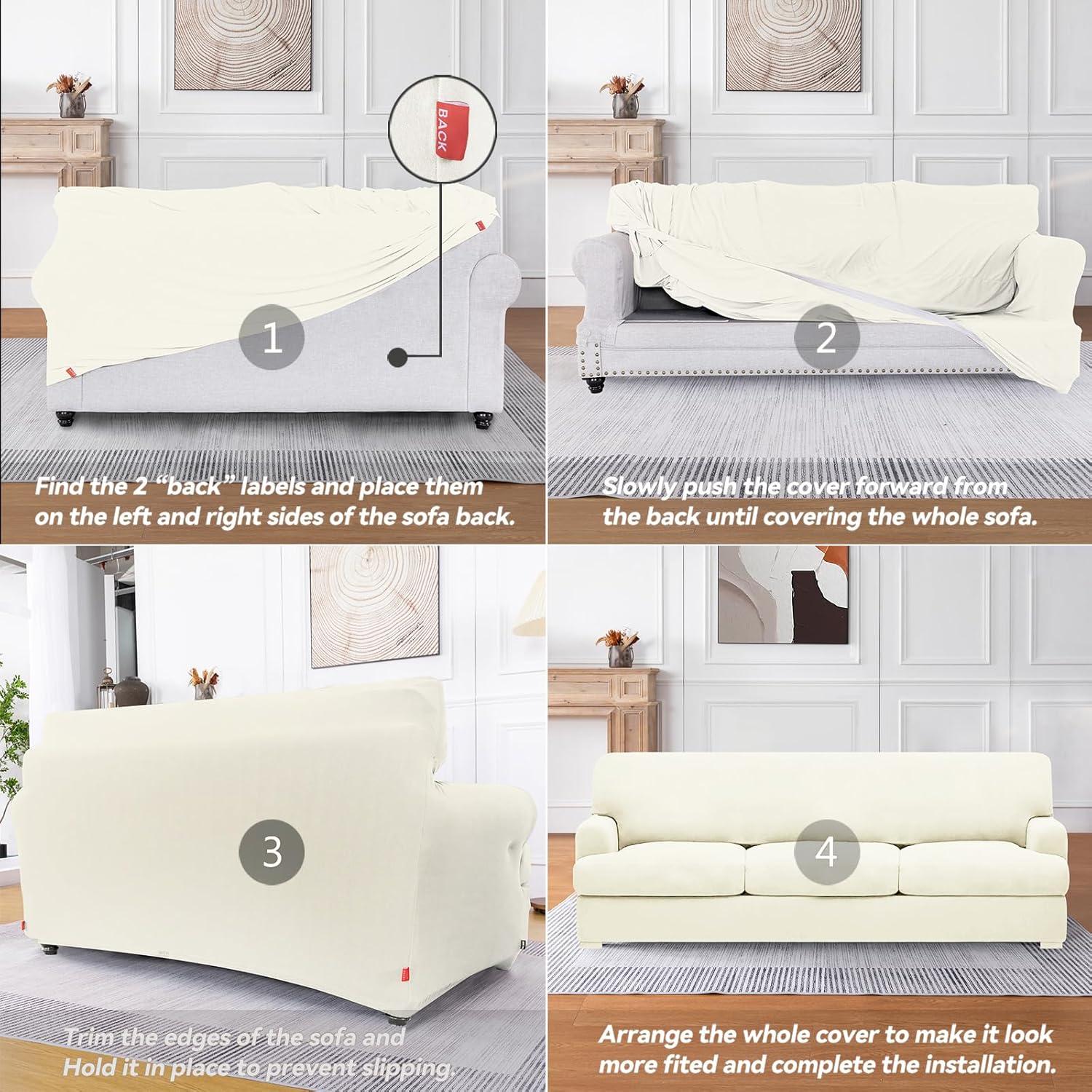 Ivory Stretchable T Cushion Sofa Slipcover Set