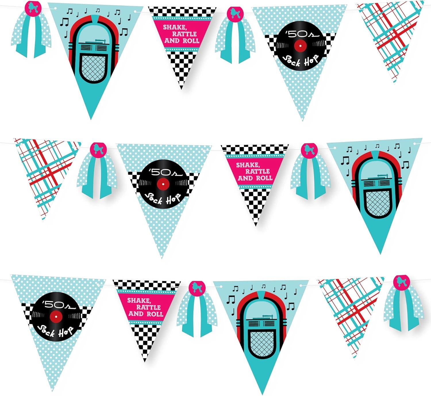 Big Dot of Happiness 50's Sock Hop - DIY 1950s Rock N Roll Party Pennant Garland Decoration - Triangle Banner - 30 Pieces