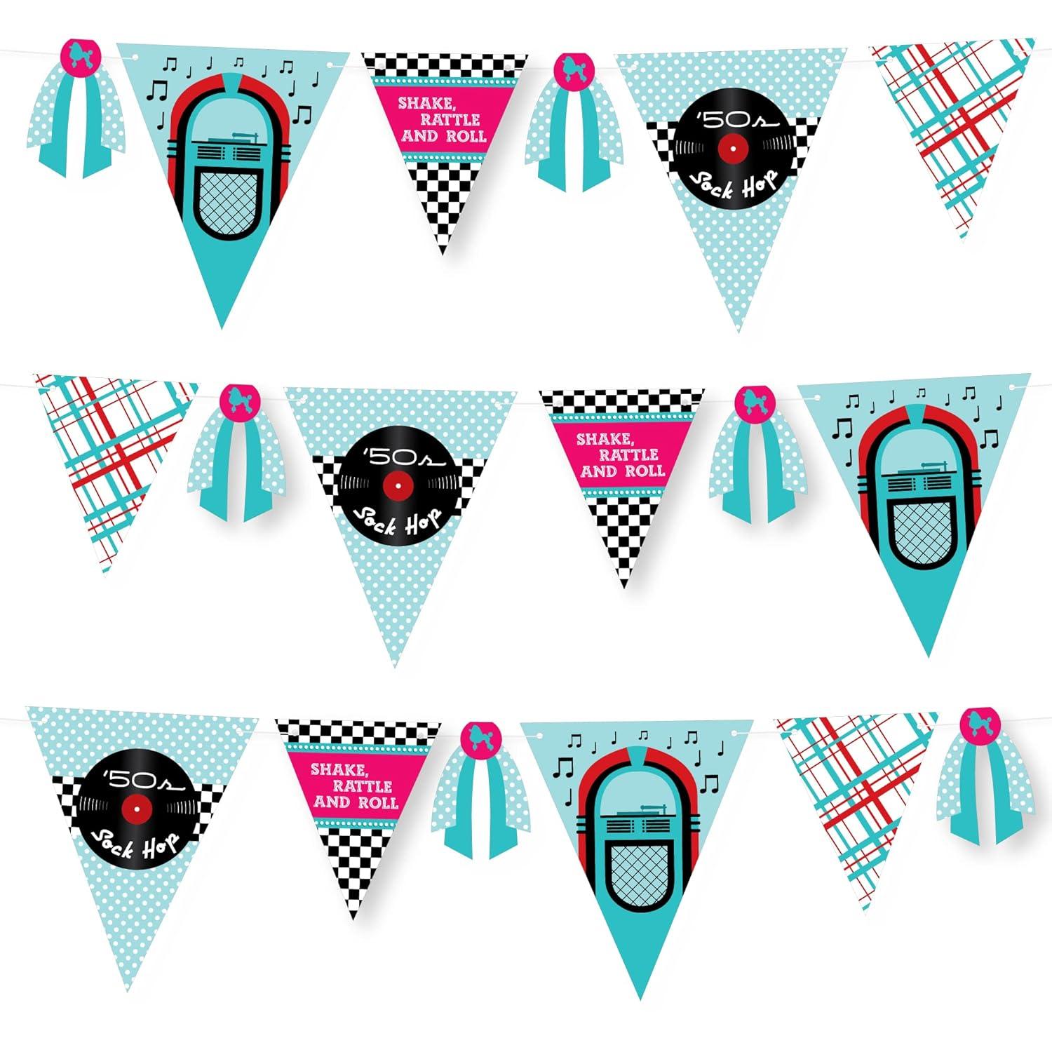 Big Dot of Happiness 50's Sock Hop - DIY 1950s Rock N Roll Party Pennant Garland Decoration - Triangle Banner - 30 Pieces